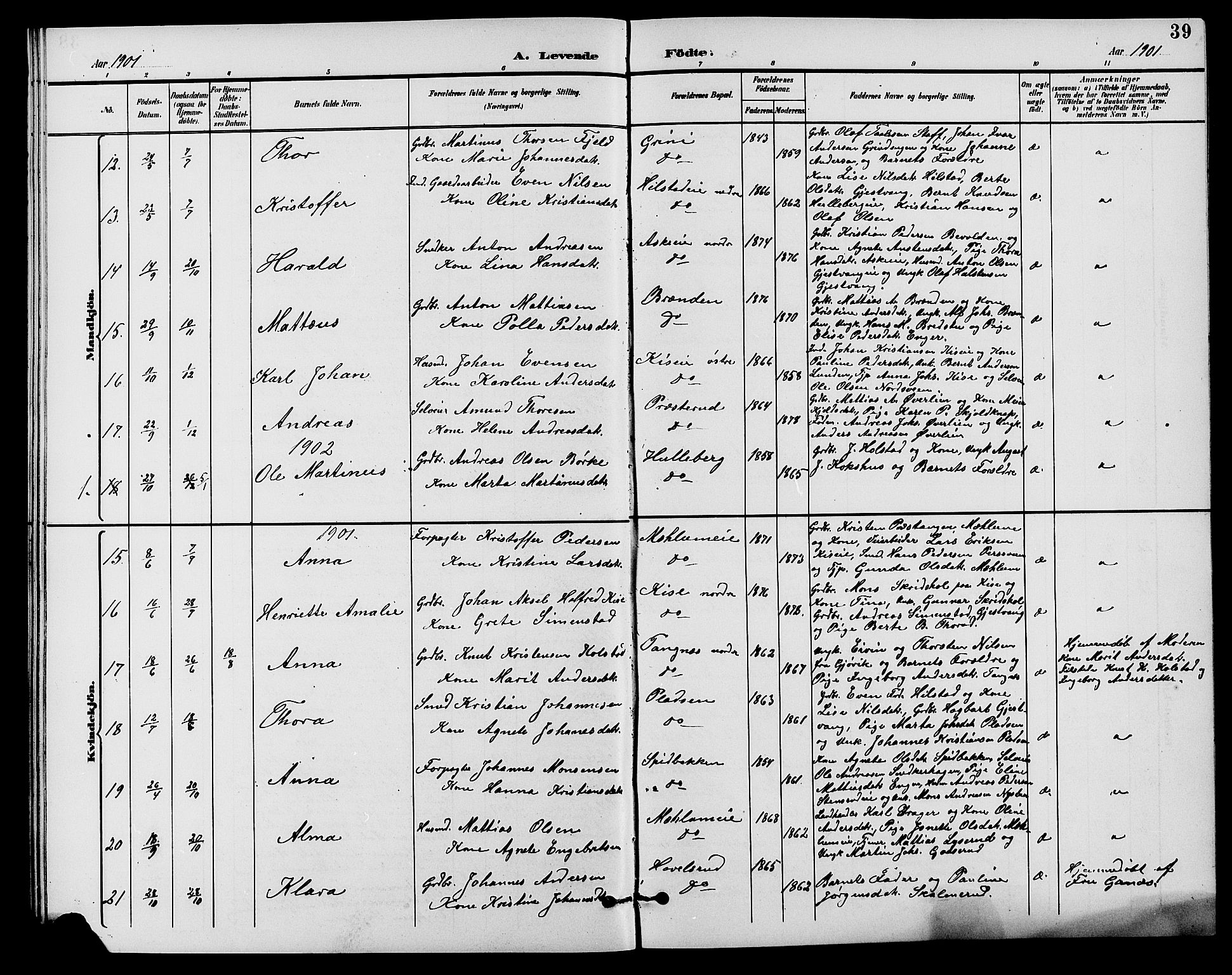 Nes prestekontor, Hedmark, AV/SAH-PREST-020/L/La/L0007: Parish register (copy) no. 7, 1892-1912, p. 39