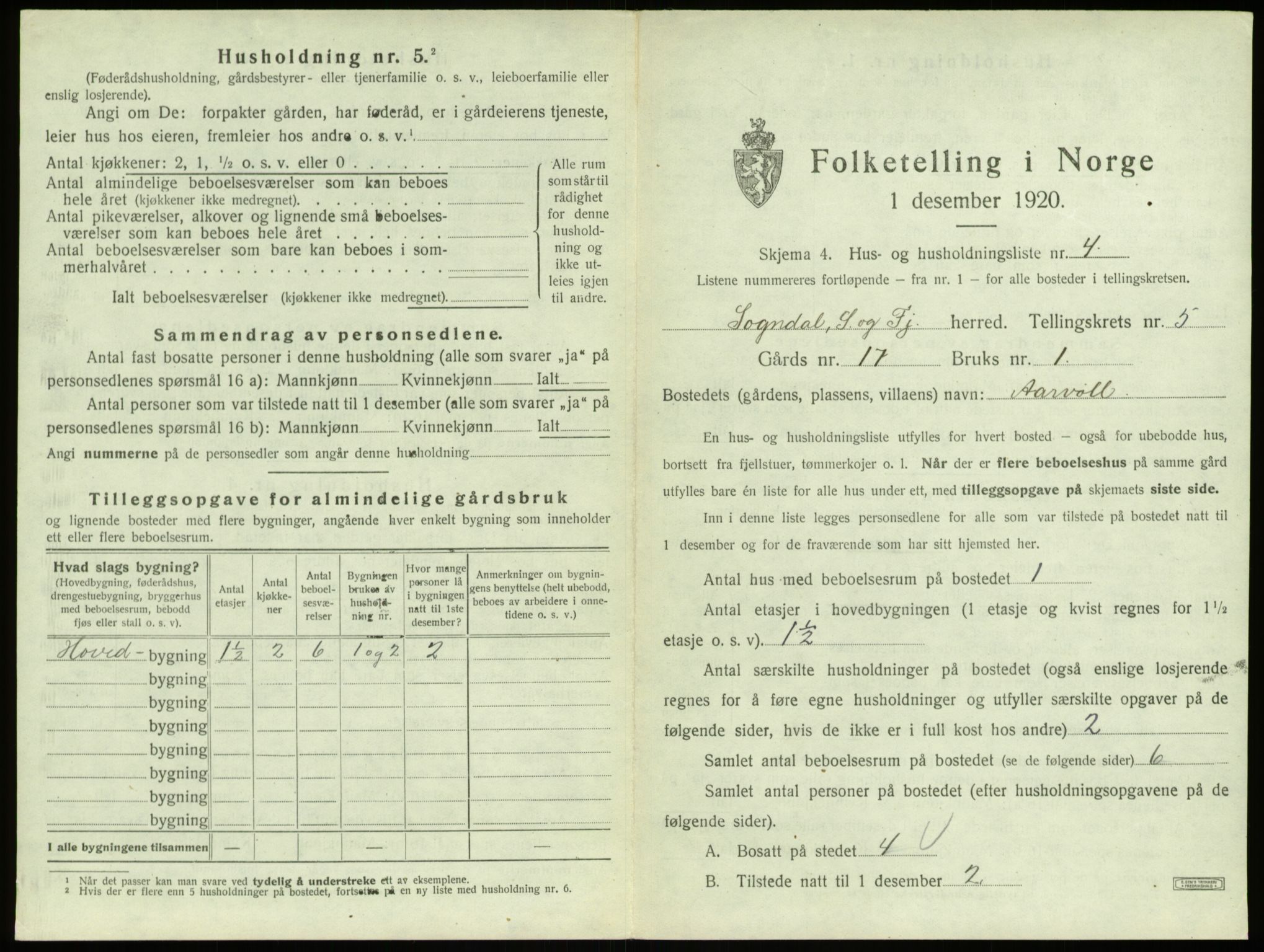 SAB, 1920 census for Sogndal, 1920, p. 273