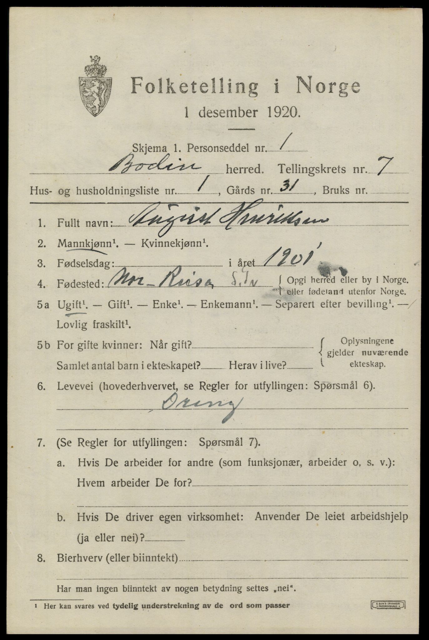 SAT, 1920 census for Bodin, 1920, p. 3960