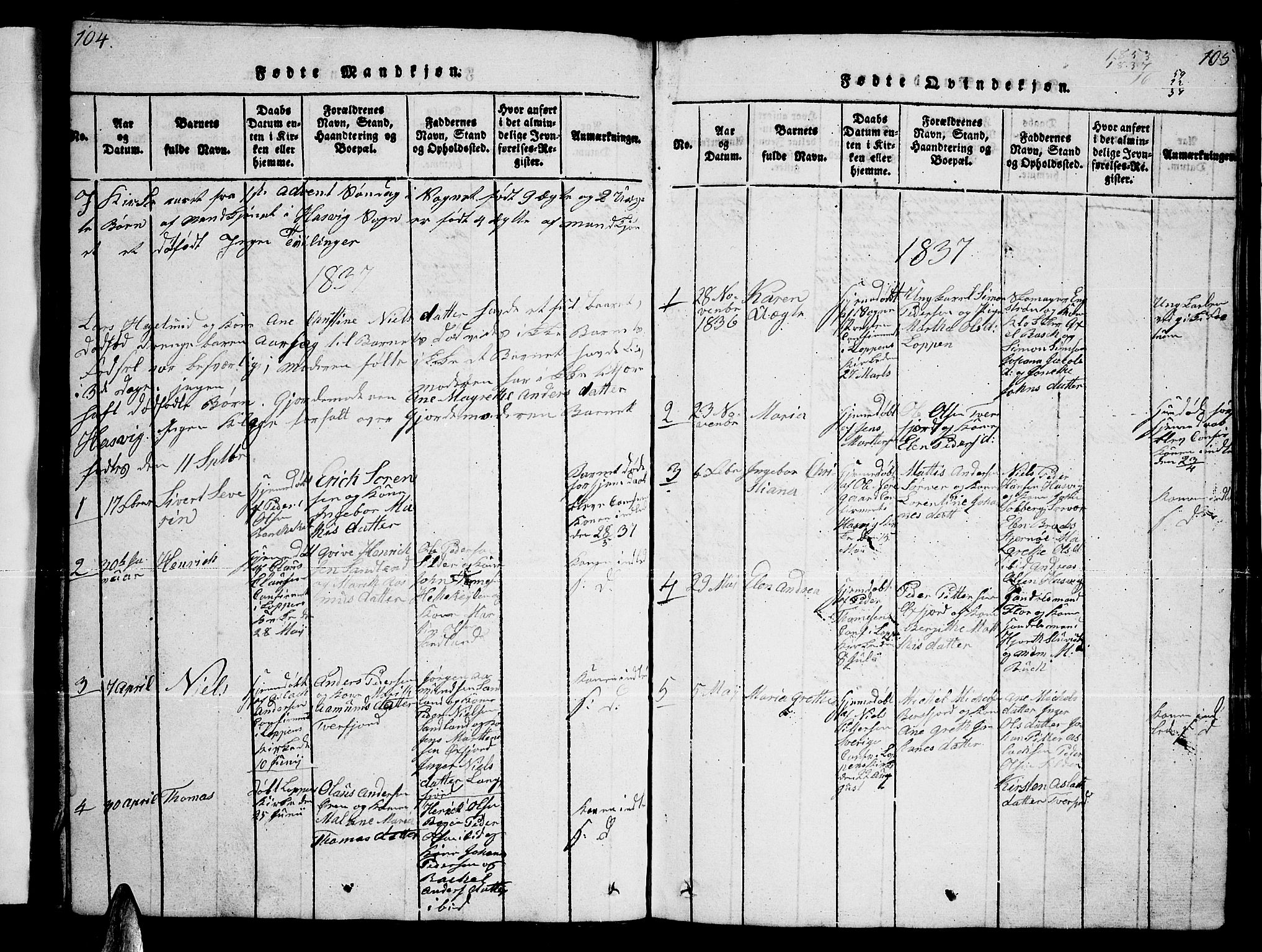 Loppa sokneprestkontor, SATØ/S-1339/H/Hb/L0001klokker: Parish register (copy) no. 1, 1820-1849, p. 104-105
