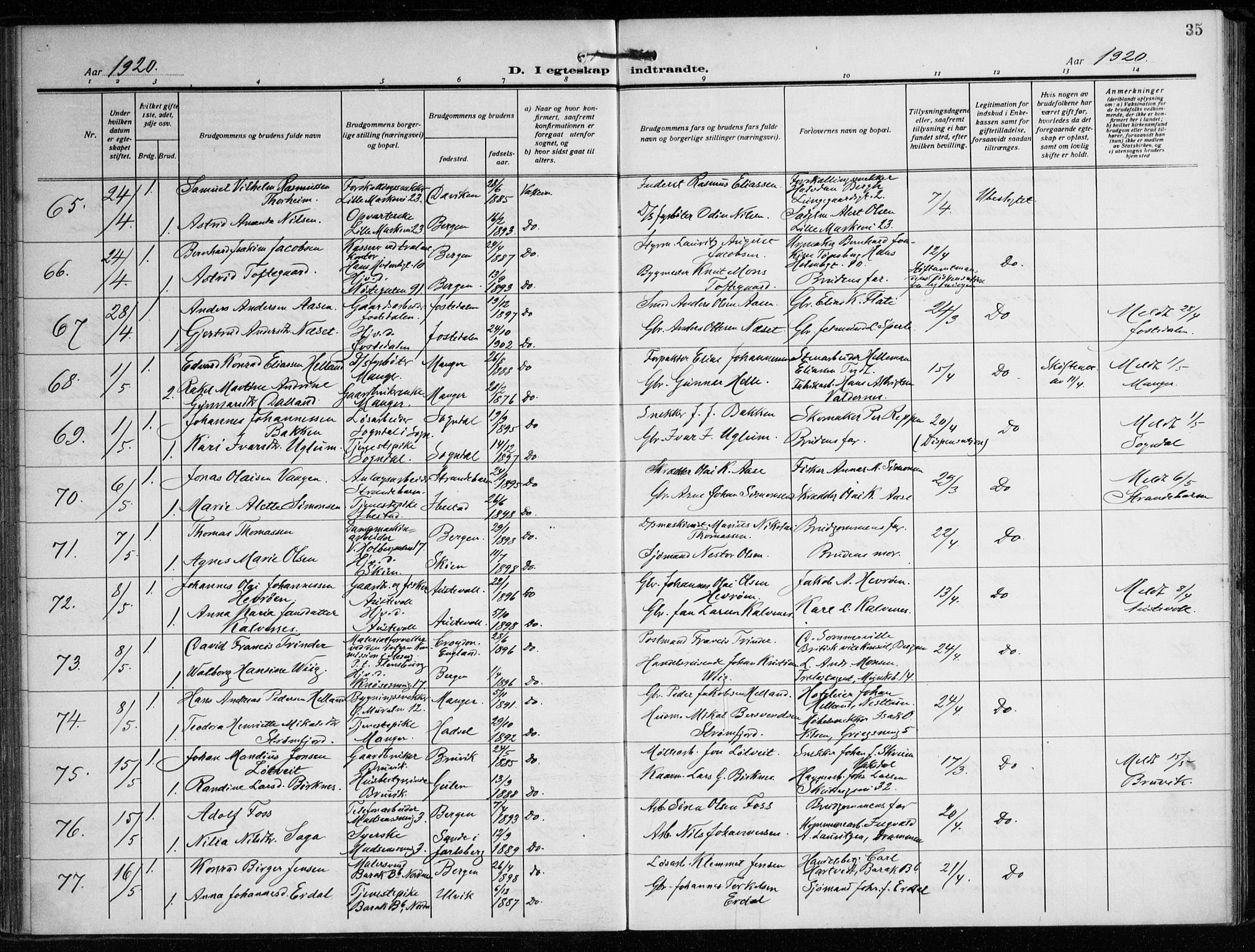 Nykirken Sokneprestembete, SAB/A-77101/H/Haa/L0037: Parish register (official) no. D 7, 1918-1926, p. 35