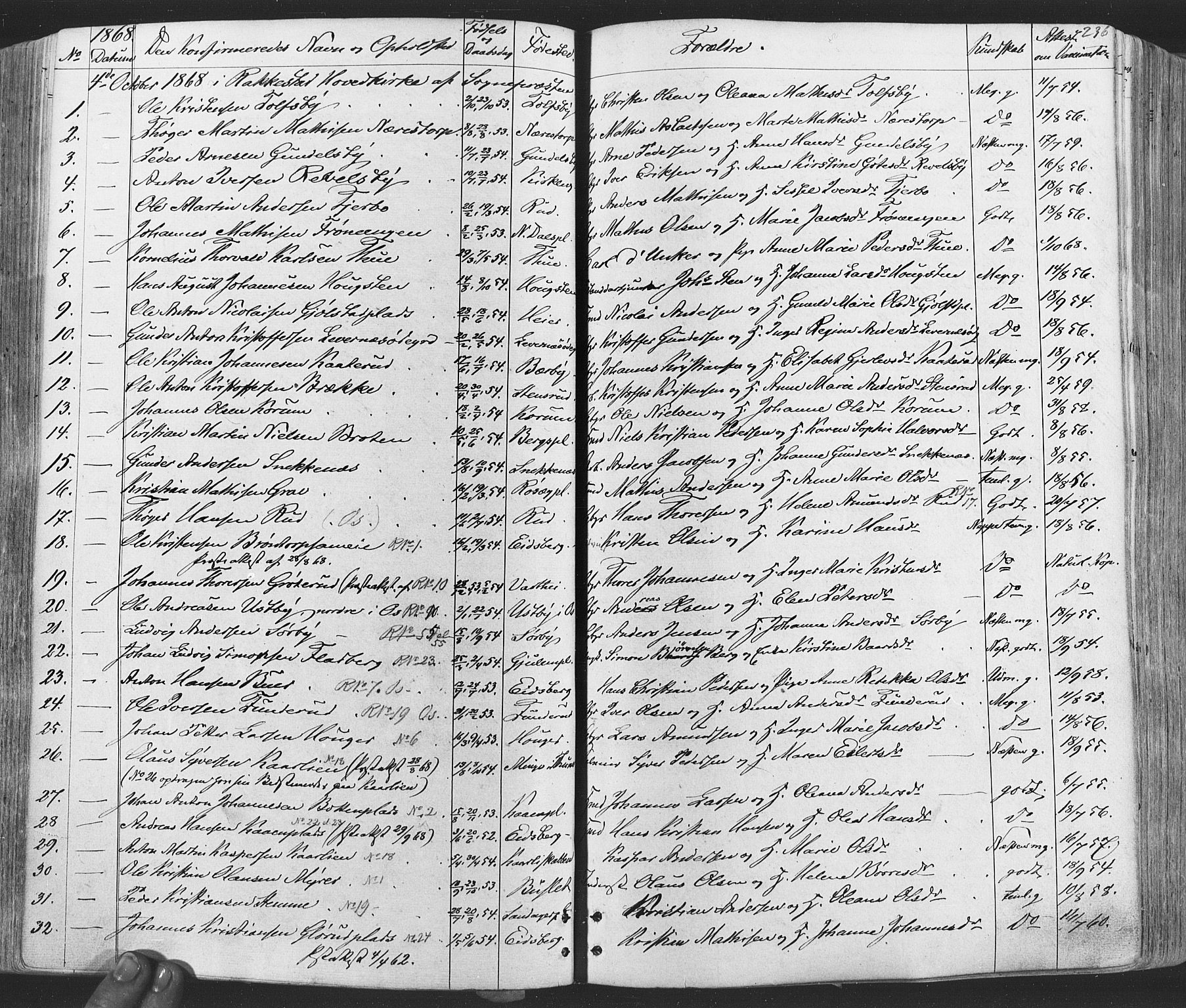 Rakkestad prestekontor Kirkebøker, SAO/A-2008/F/Fa/L0011: Parish register (official) no. I 11, 1862-1877, p. 236