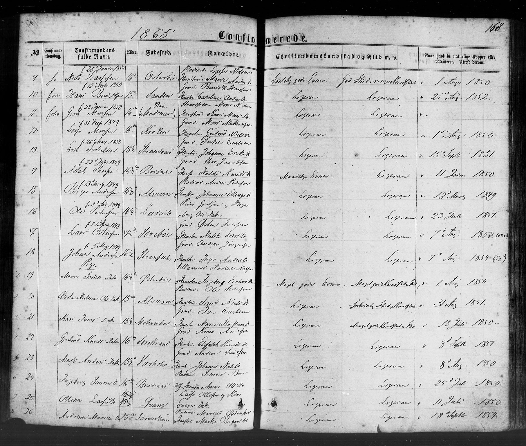 Lavik sokneprestembete, SAB/A-80901: Parish register (official) no. A 4, 1864-1881, p. 168
