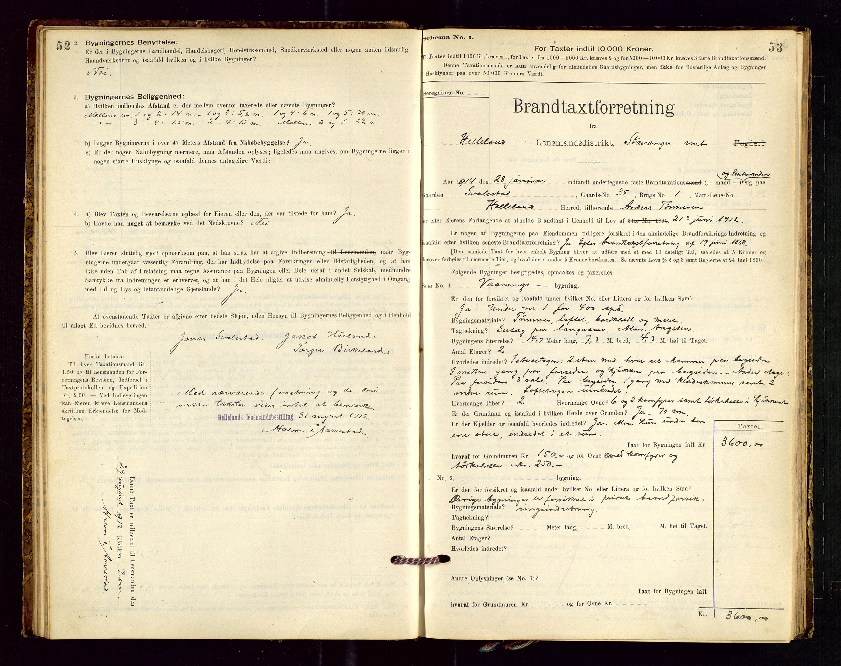 Helleland lensmannskontor, SAST/A-100209/Gob/L0001: "Brandtaxationsprotokol", 1896-1919, p. 52-53