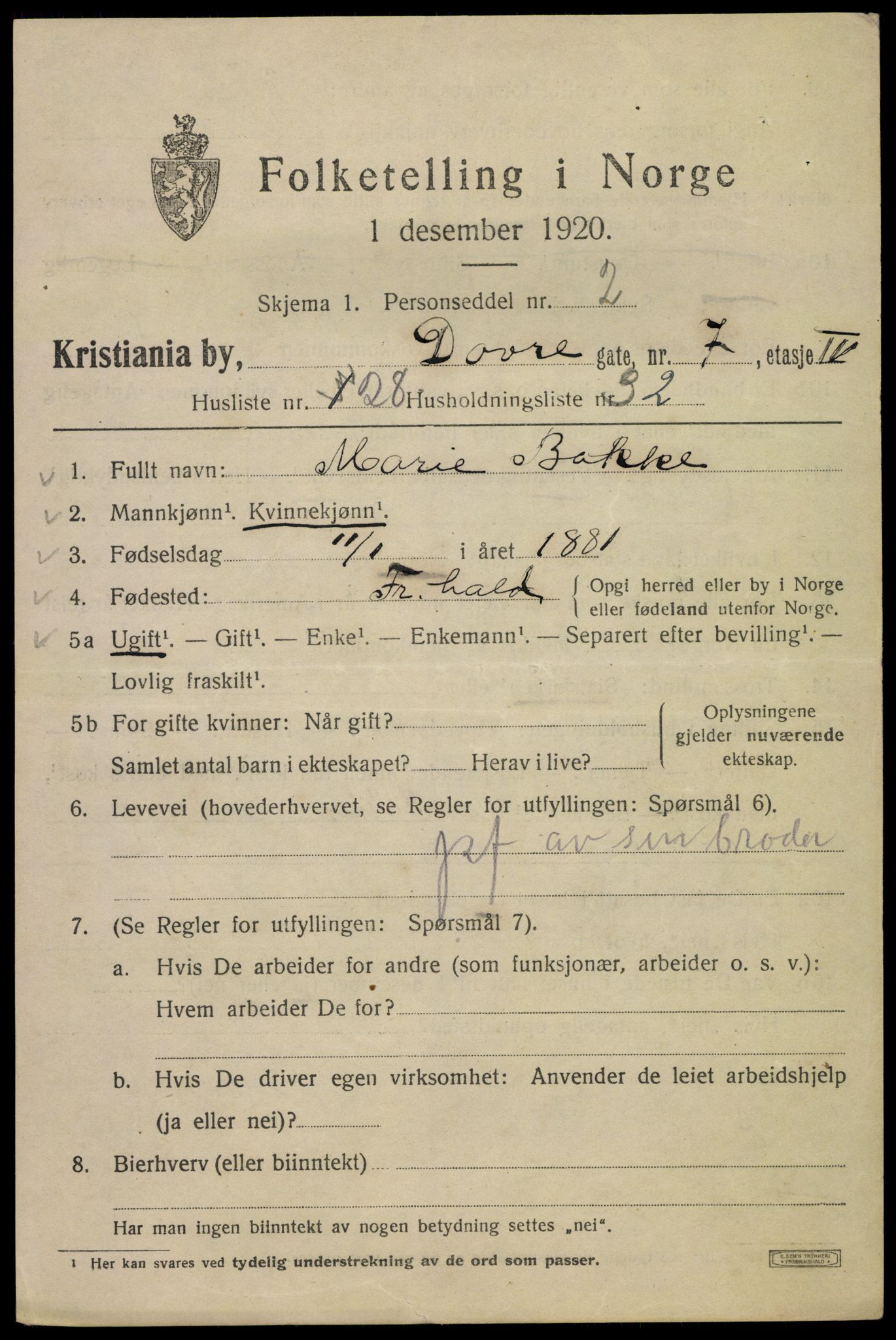 SAO, 1920 census for Kristiania, 1920, p. 200581