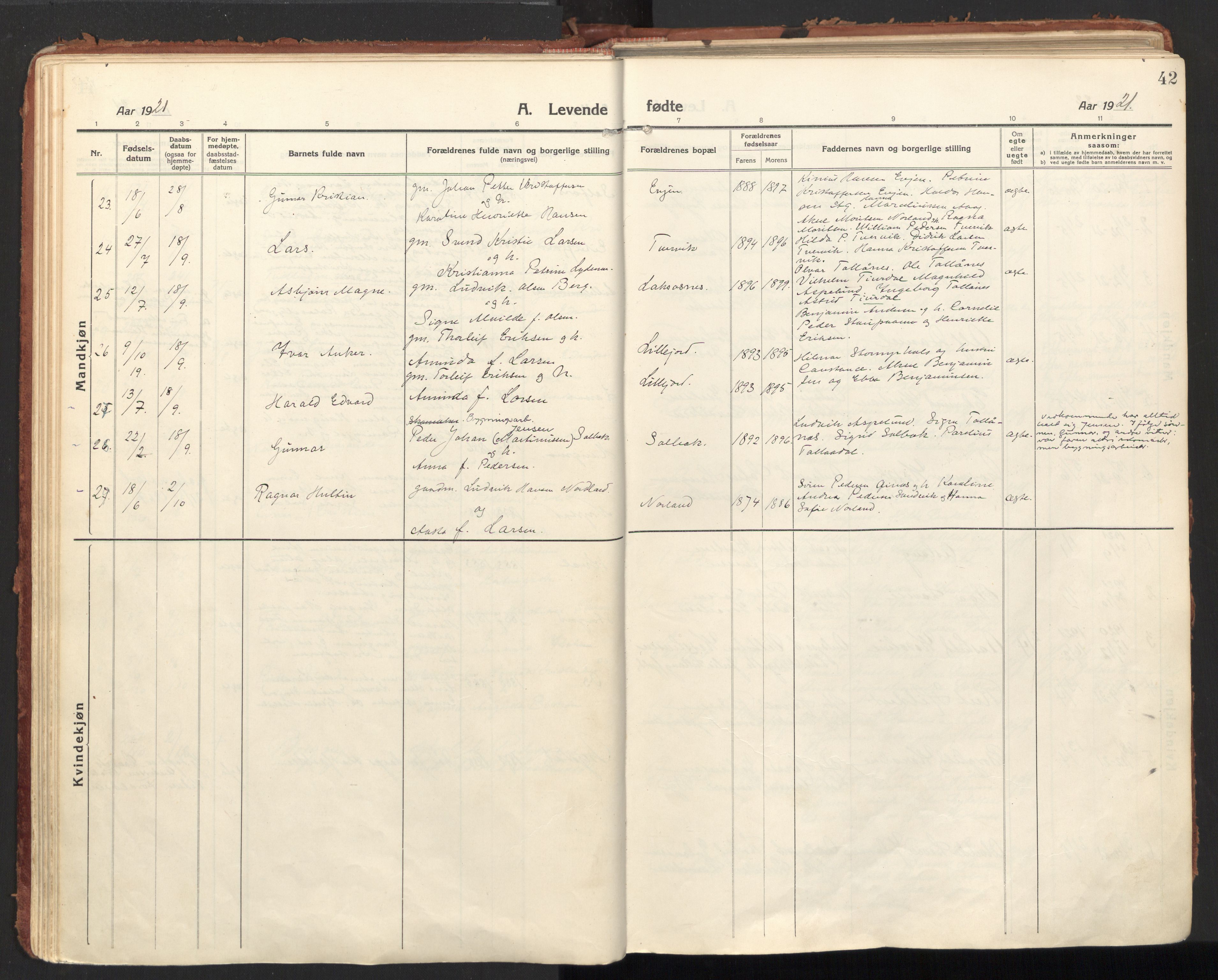 Ministerialprotokoller, klokkerbøker og fødselsregistre - Nordland, SAT/A-1459/846/L0650: Parish register (official) no. 846A08, 1916-1935, p. 42