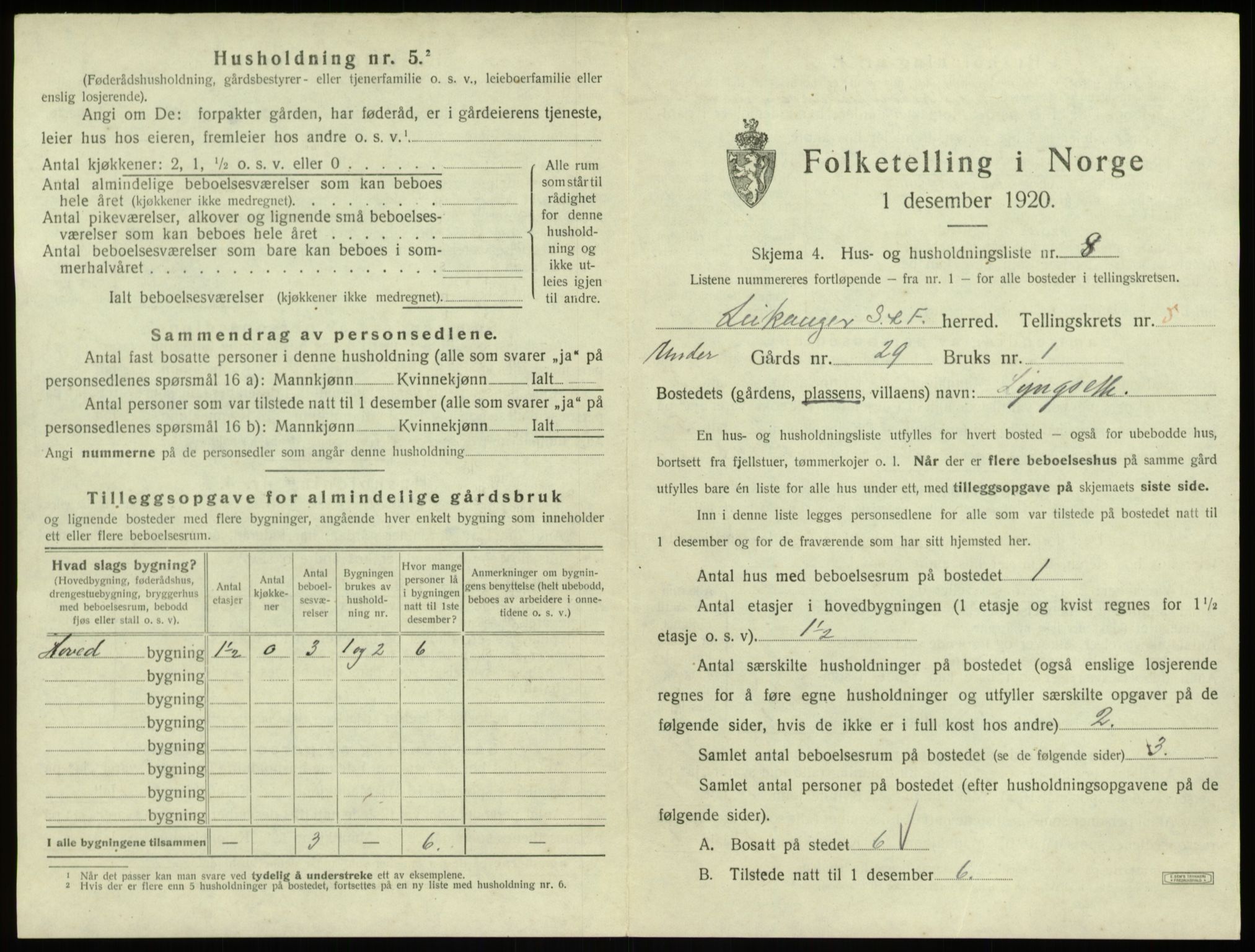 SAB, 1920 census for Leikanger, 1920, p. 536