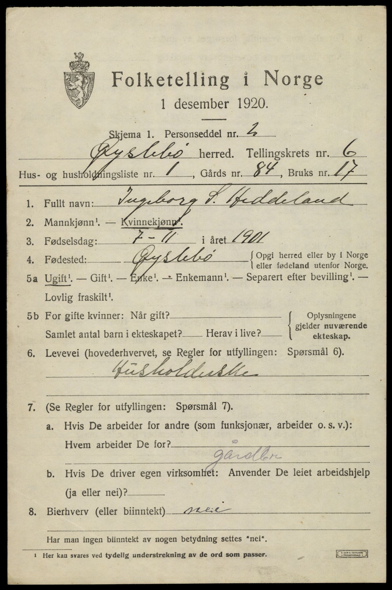 SAK, 1920 census for Øyslebø, 1920, p. 1886