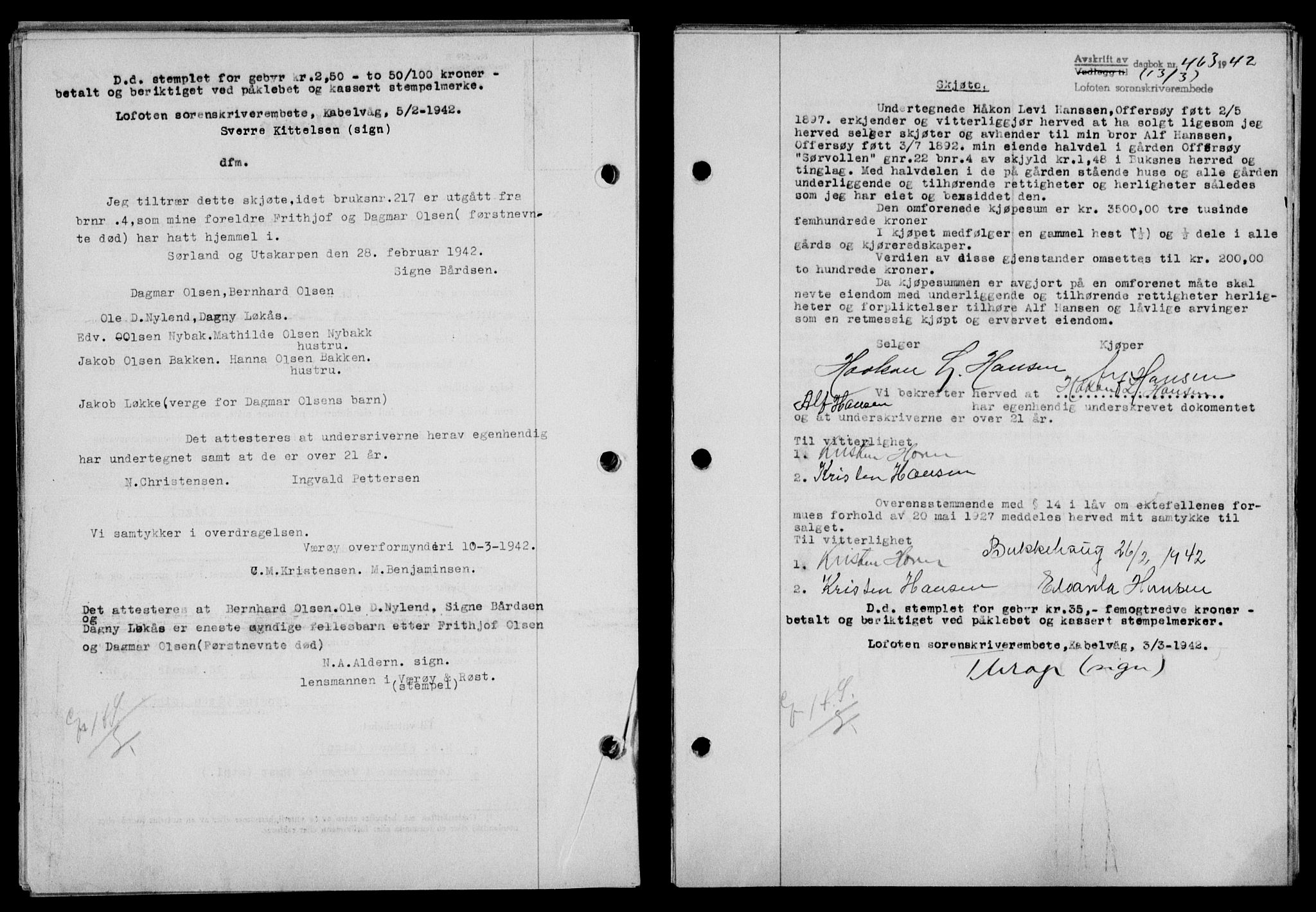 Lofoten sorenskriveri, SAT/A-0017/1/2/2C/L0009a: Mortgage book no. 9a, 1941-1942, Diary no: : 463/1942