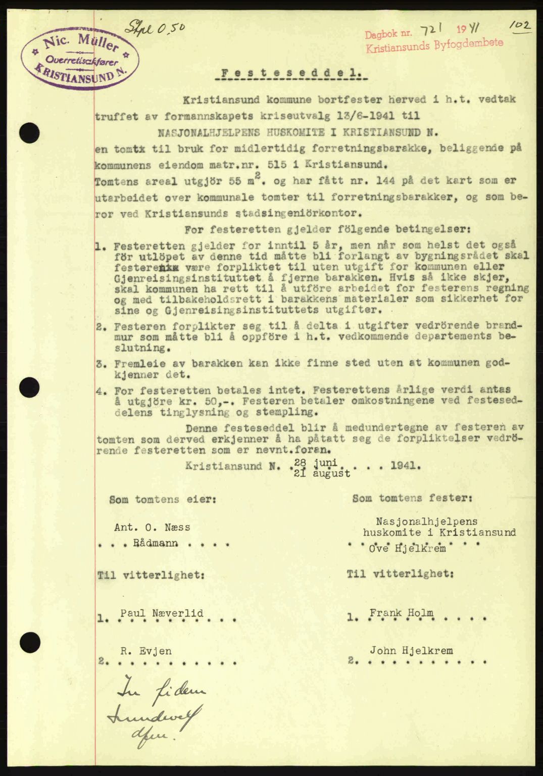Kristiansund byfogd, AV/SAT-A-4587/A/27: Mortgage book no. 35, 1941-1942, Diary no: : 721/1941