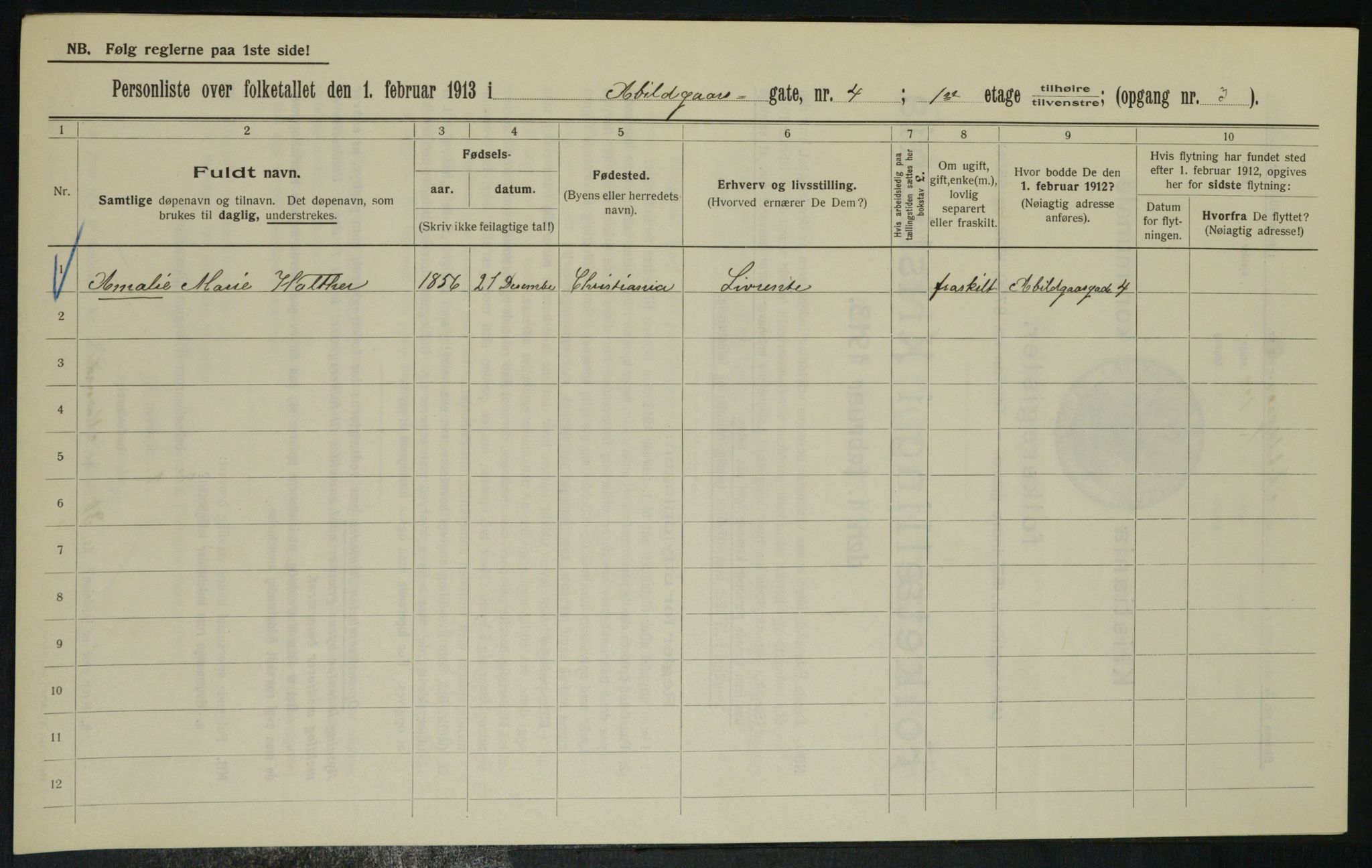 OBA, Municipal Census 1913 for Kristiania, 1913, p. 21