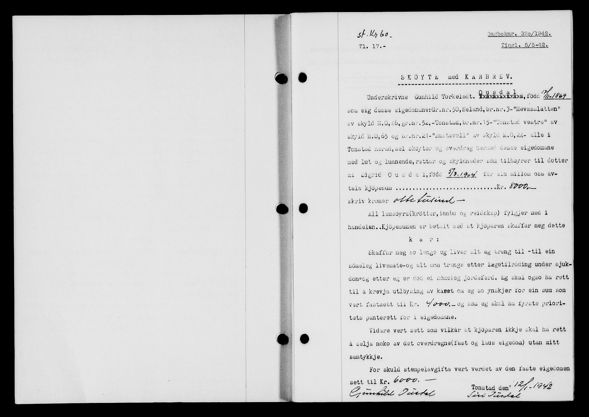 Flekkefjord sorenskriveri, SAK/1221-0001/G/Gb/Gba/L0057: Mortgage book no. A-5, 1941-1942, Diary no: : 320/1942