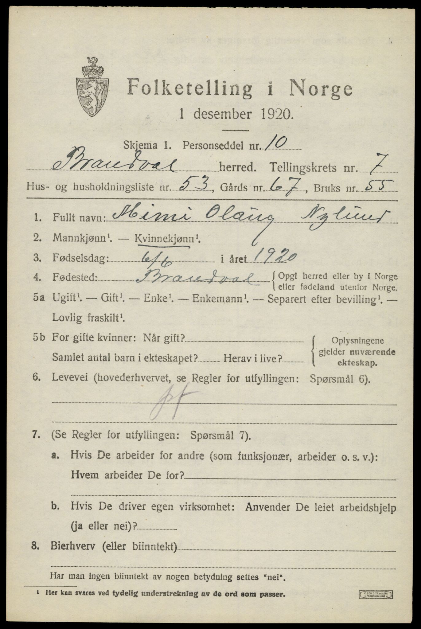 SAH, 1920 census for Brandval, 1920, p. 6414