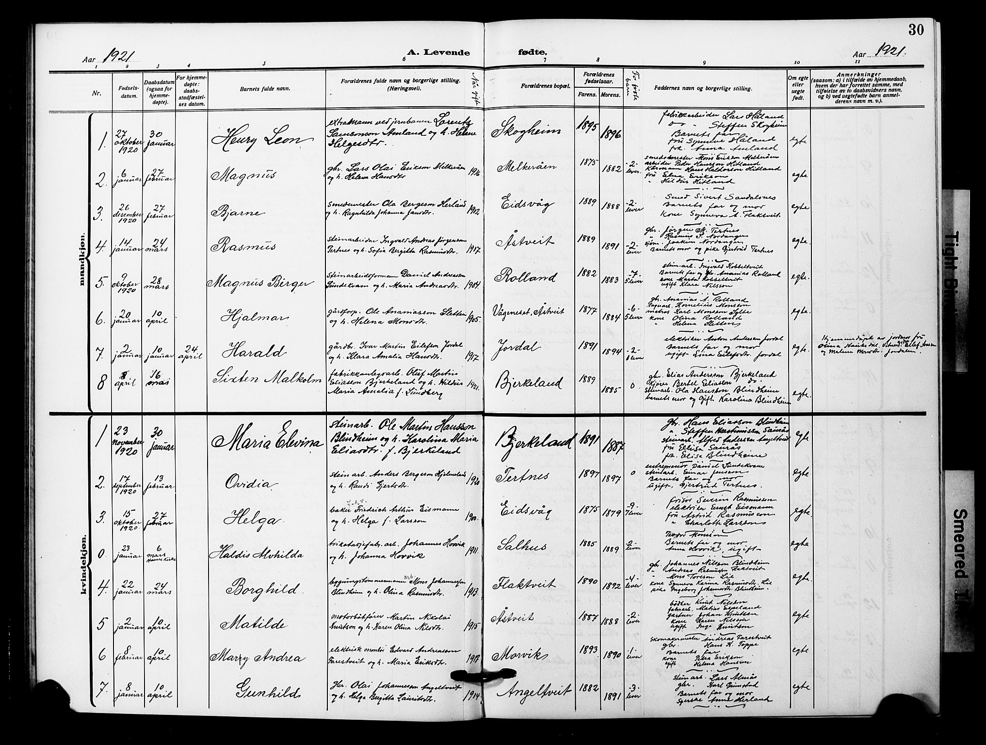Åsane sokneprestembete, AV/SAB-A-79401/H/Hab: Parish register (copy) no. A 4, 1915-1927, p. 30
