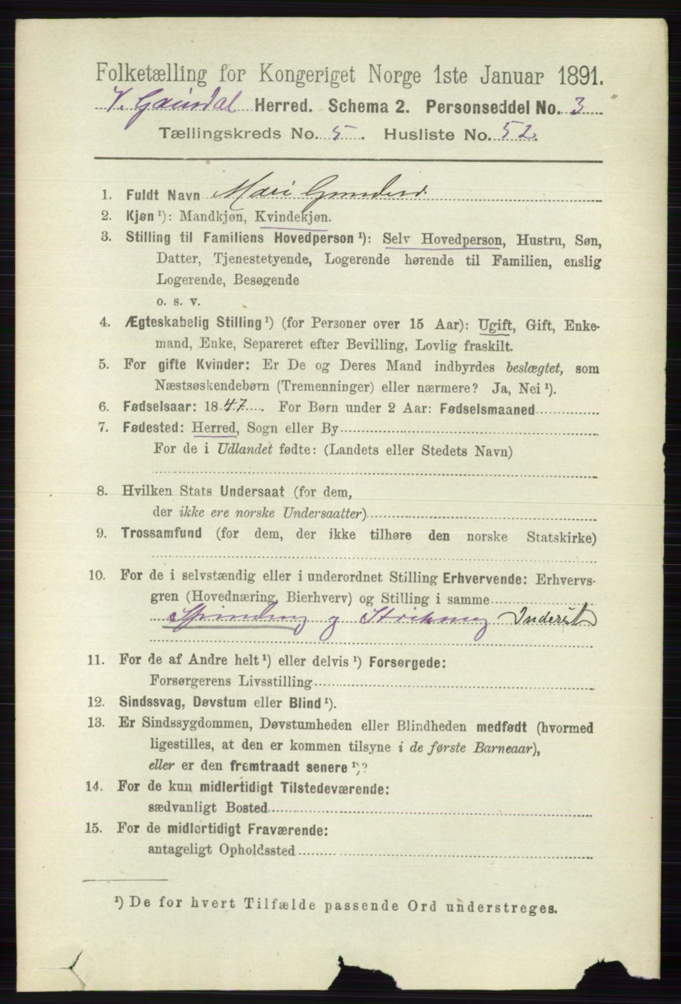 RA, 1891 census for 0523 Vestre Gausdal, 1891, p. 2472