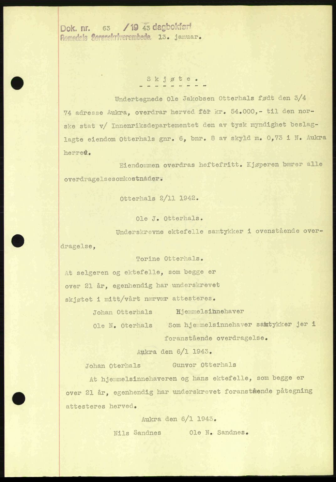 Romsdal sorenskriveri, AV/SAT-A-4149/1/2/2C: Mortgage book no. A13, 1942-1943, Diary no: : 63/1943