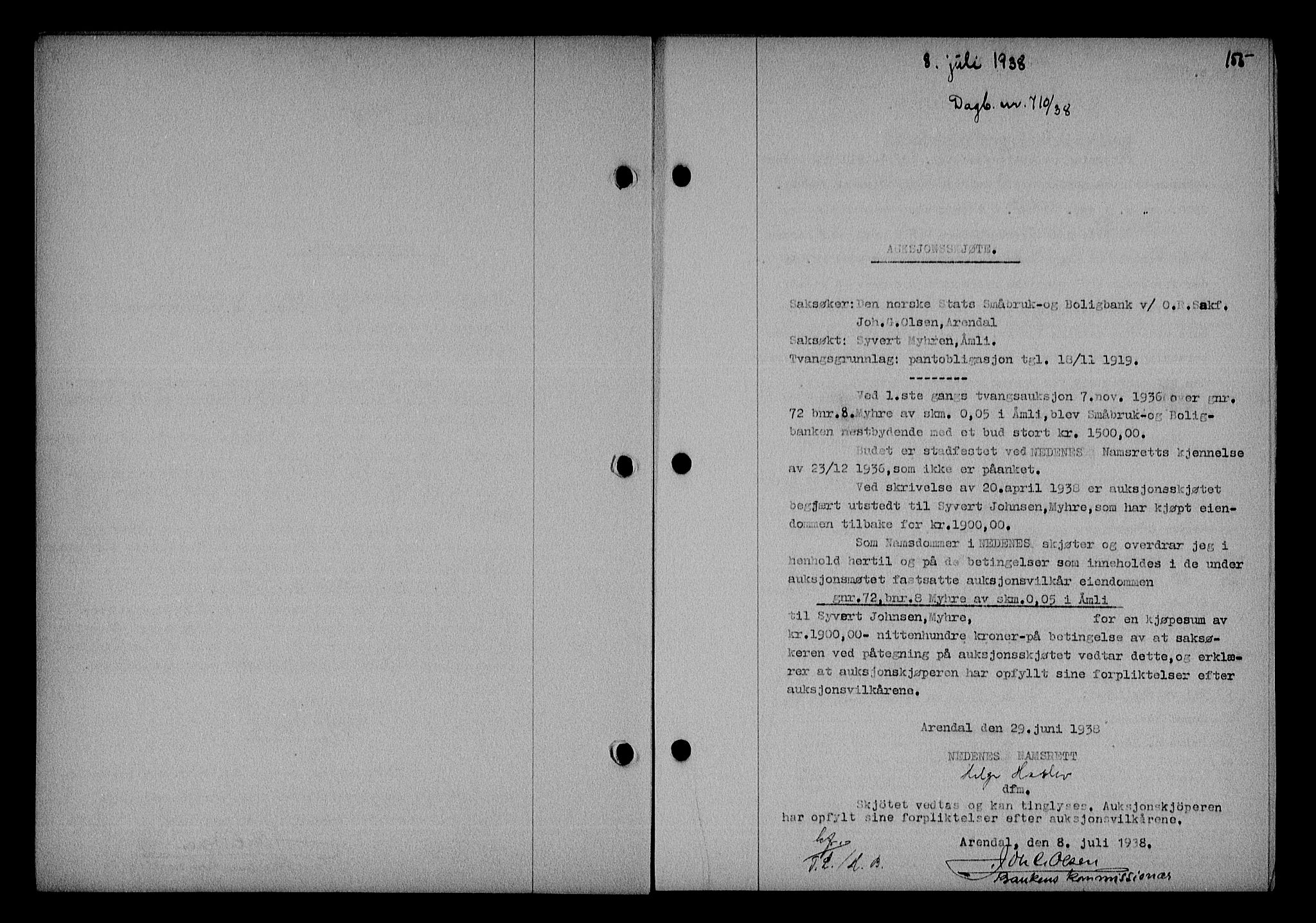 Nedenes sorenskriveri, SAK/1221-0006/G/Gb/Gba/L0045: Mortgage book no. 41, 1938-1938, Diary no: : 710/1938