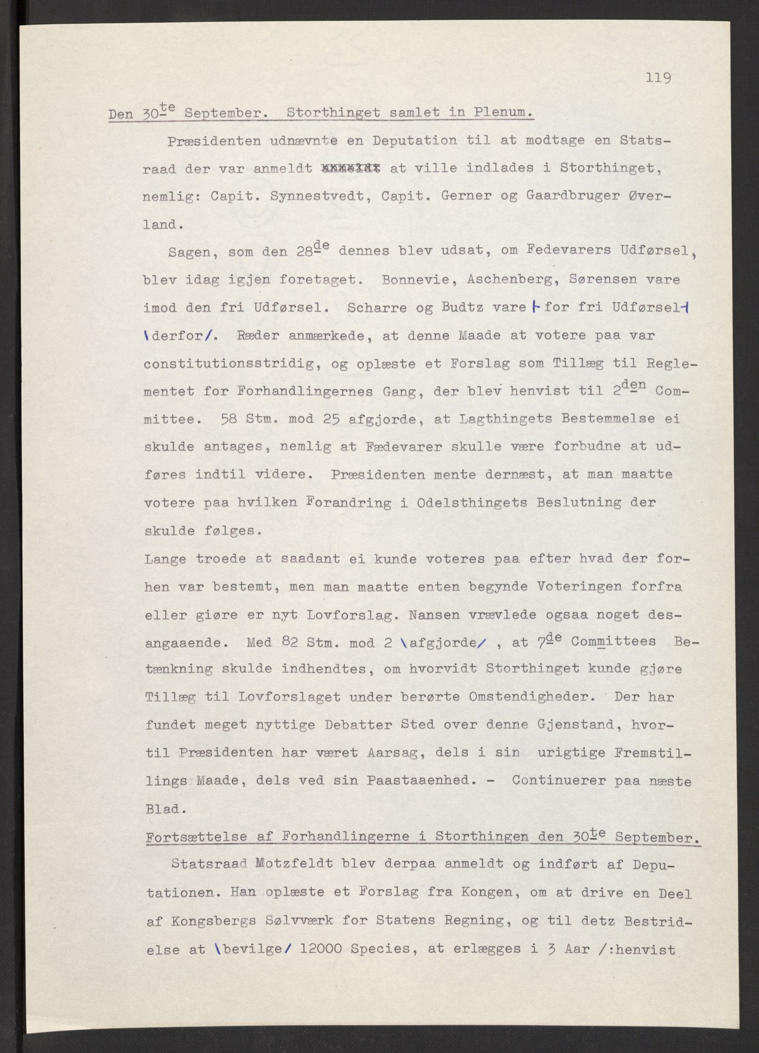 Manuskriptsamlingen, AV/RA-EA-3667/F/L0197: Wetlesen, Hans Jørgen (stortingsmann, ingeniørkaptein); Referat fra Stortinget 1815-1816, 1815-1816, p. 119