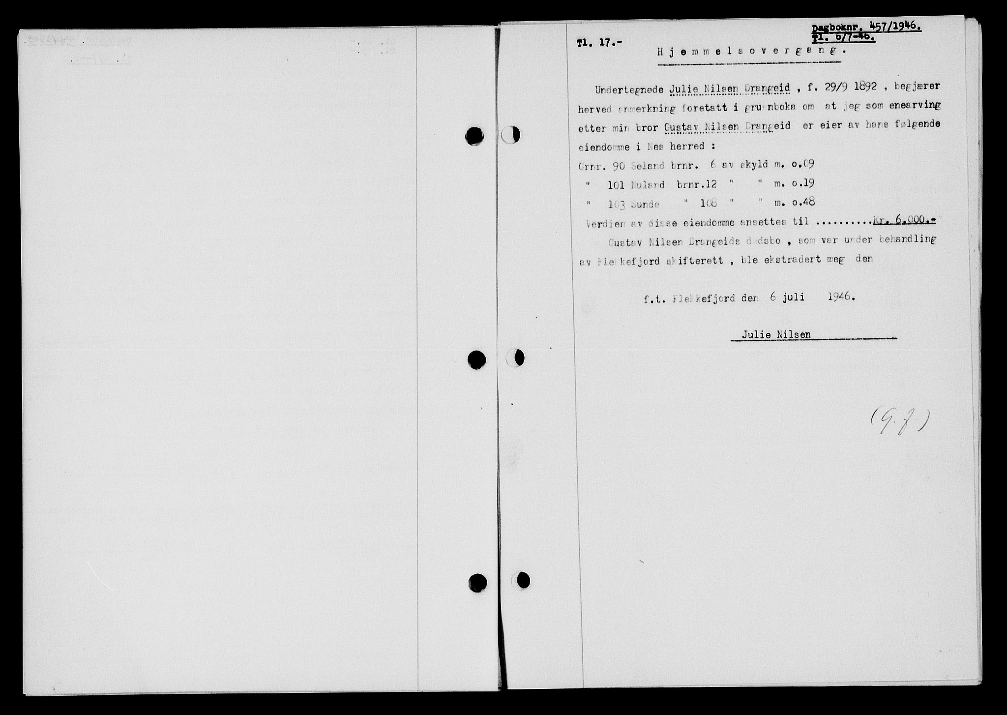 Flekkefjord sorenskriveri, SAK/1221-0001/G/Gb/Gba/L0060: Mortgage book no. A-8, 1945-1946, Diary no: : 457/1946