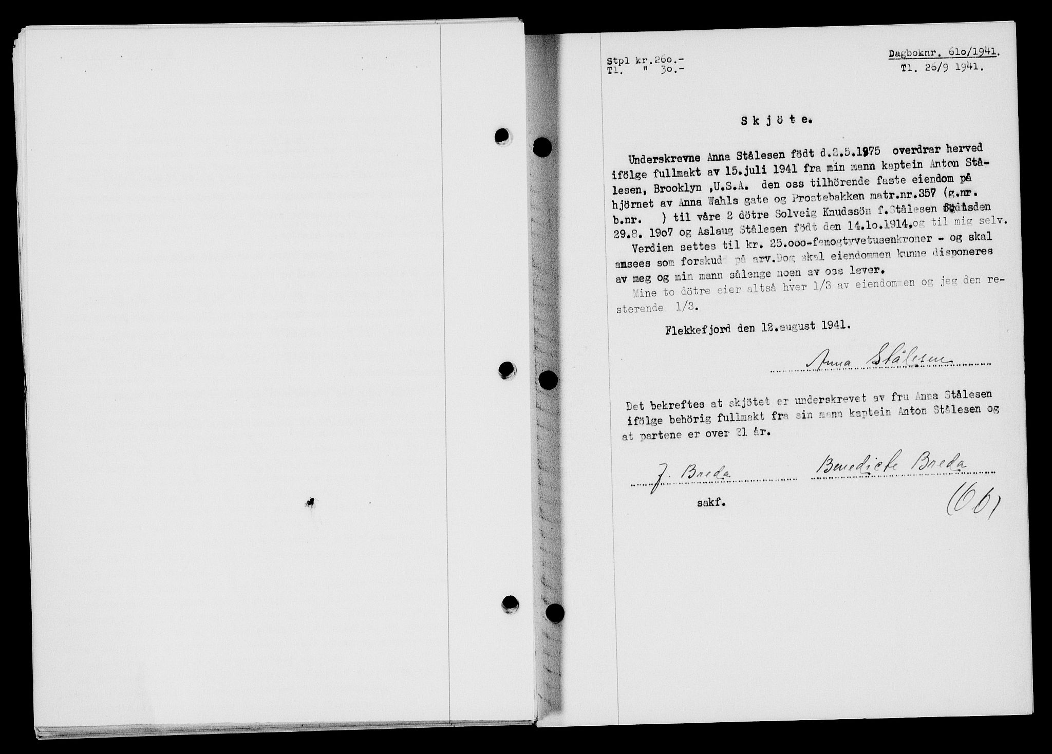 Flekkefjord sorenskriveri, SAK/1221-0001/G/Gb/Gba/L0057: Mortgage book no. A-5, 1941-1942, Diary no: : 610/1941