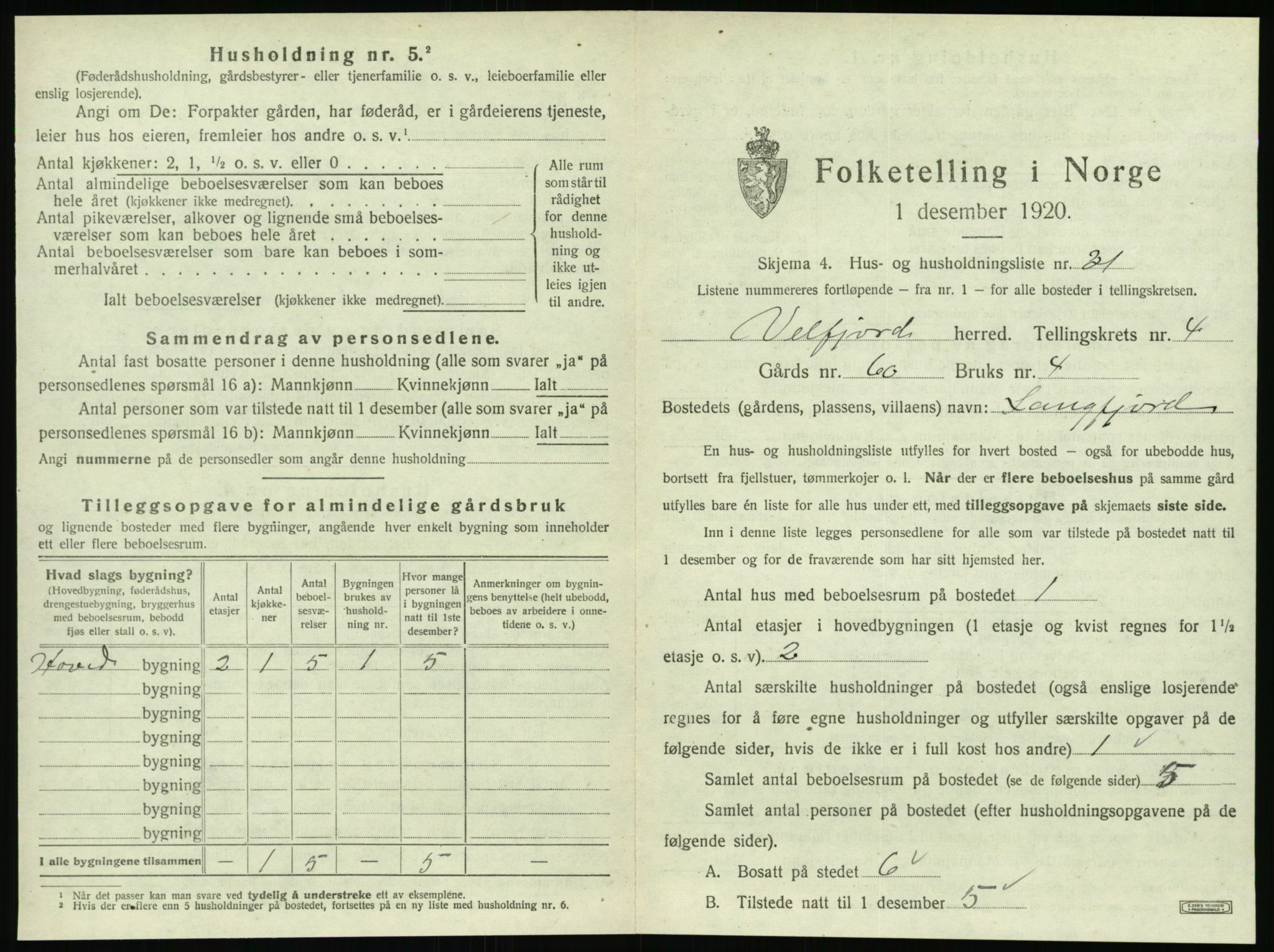 SAT, 1920 census for Velfjord, 1920, p. 463