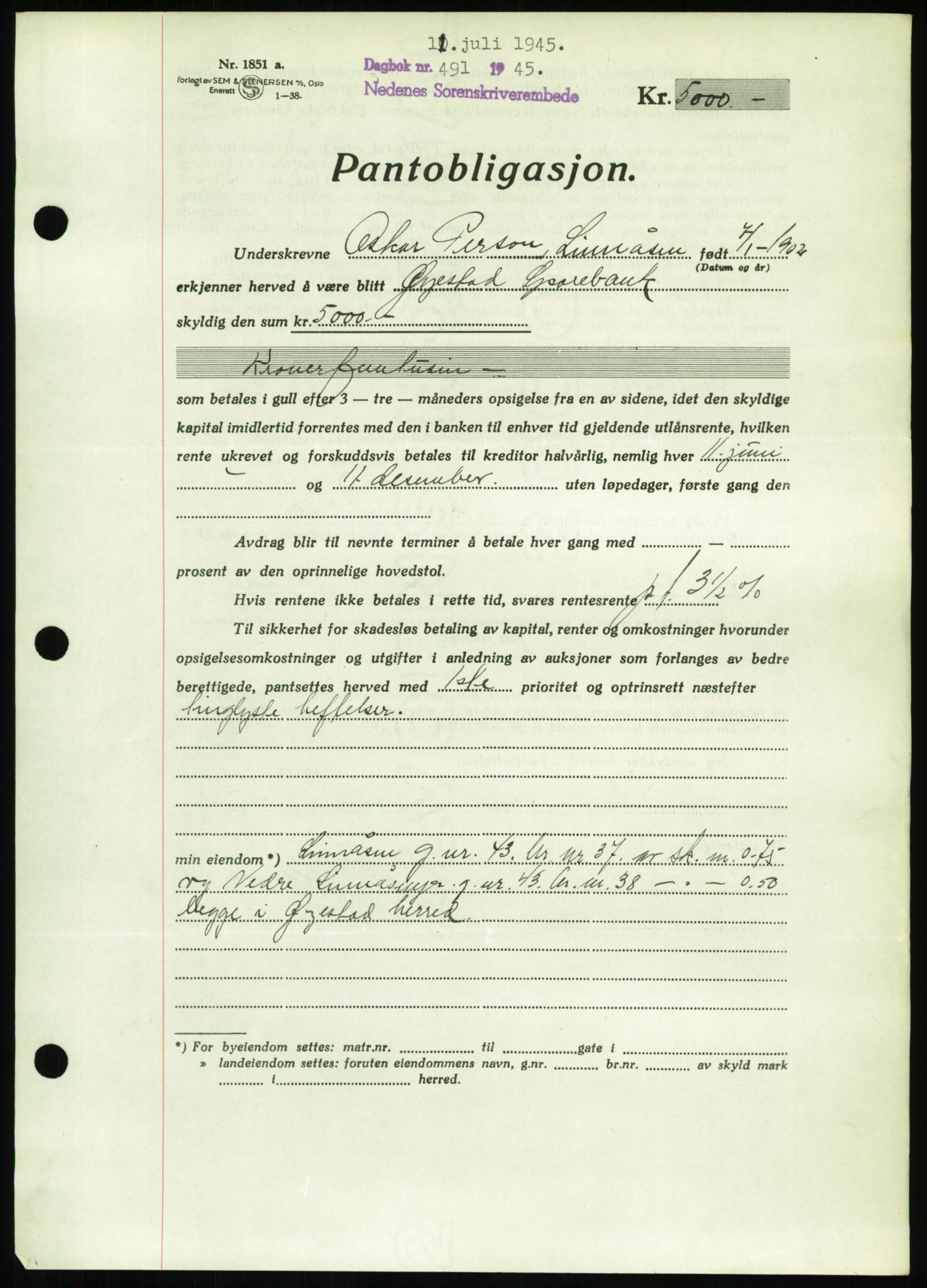 Nedenes sorenskriveri, AV/SAK-1221-0006/G/Gb/Gbb/L0002: Mortgage book no. II, 1942-1945, Diary no: : 491/1945