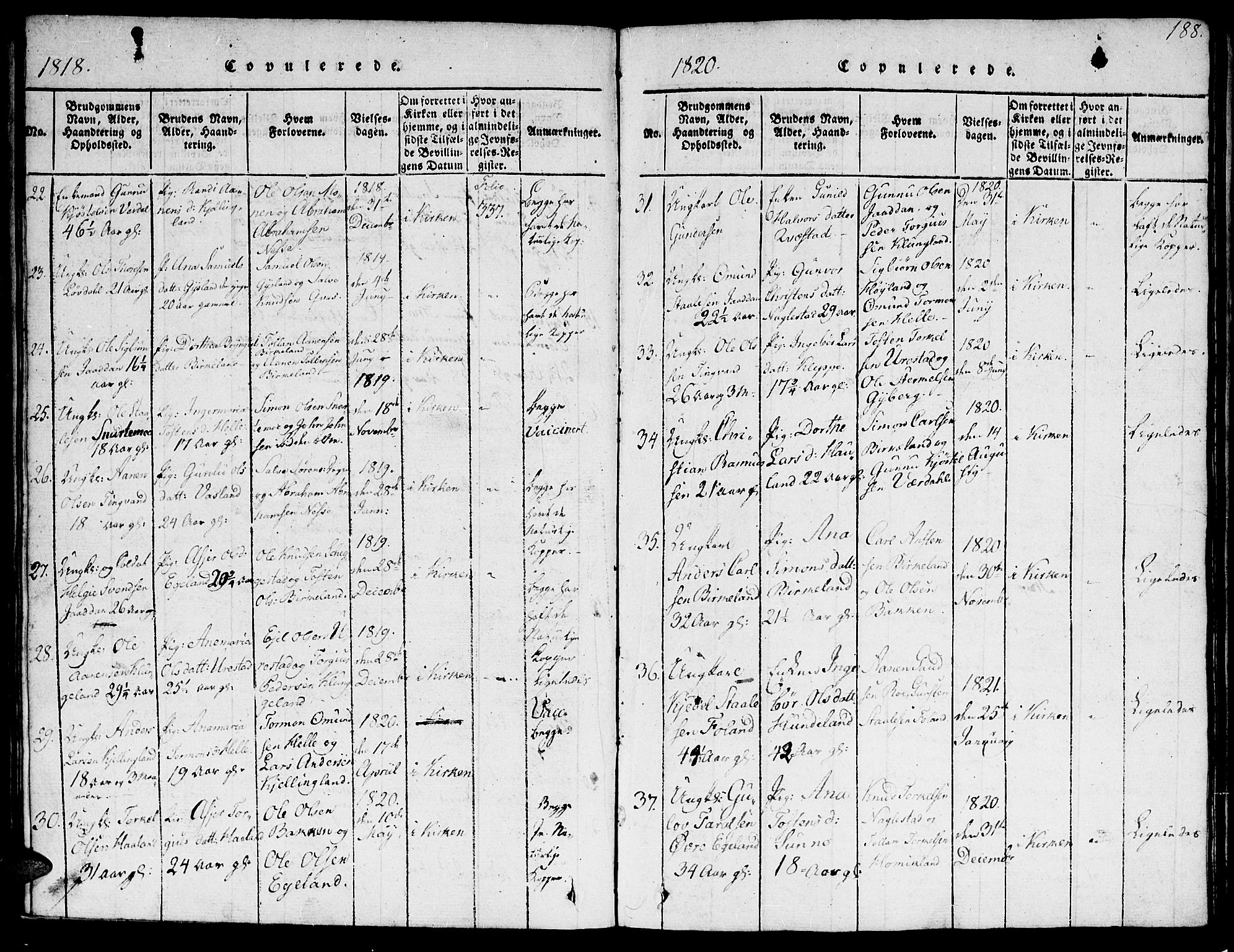 Hægebostad sokneprestkontor, AV/SAK-1111-0024/F/Fb/Fba/L0001: Parish register (copy) no. B 1, 1815-1844, p. 188