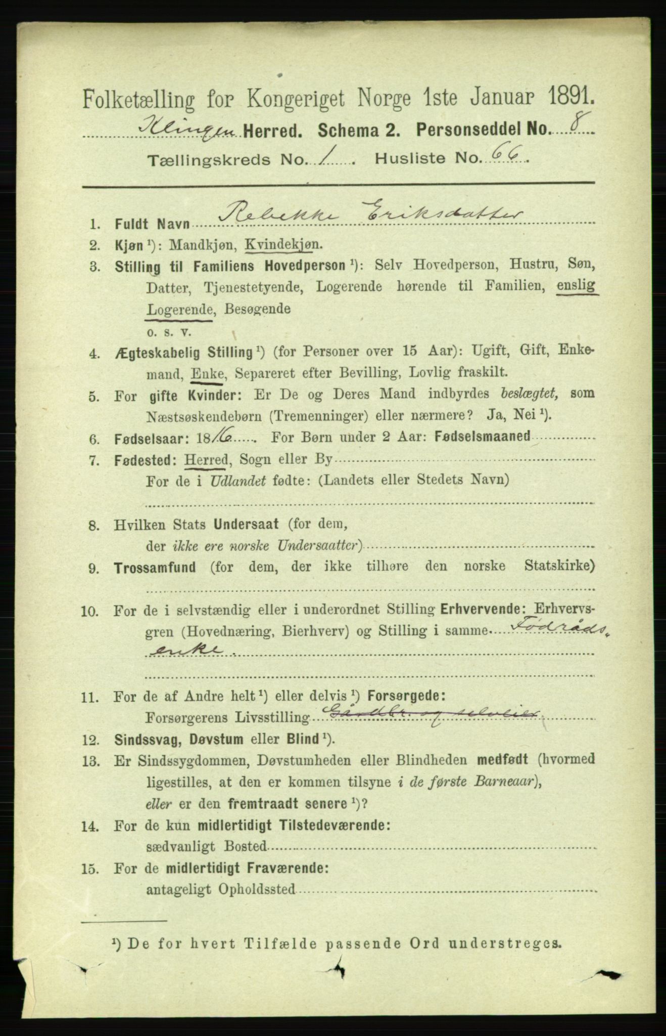 RA, 1891 census for 1746 Klinga, 1891, p. 464