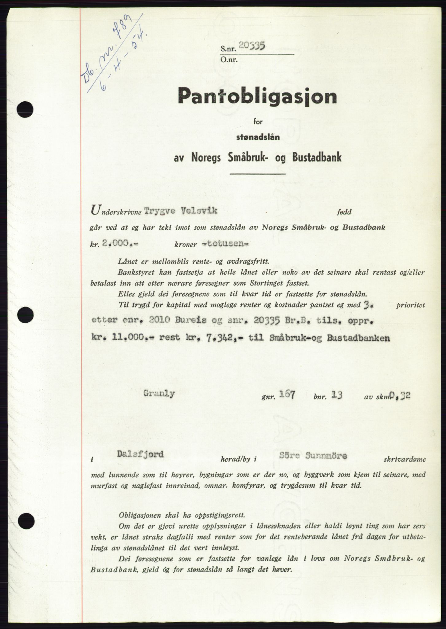 Søre Sunnmøre sorenskriveri, AV/SAT-A-4122/1/2/2C/L0124: Mortgage book no. 12B, 1953-1954, Diary no: : 789/1954