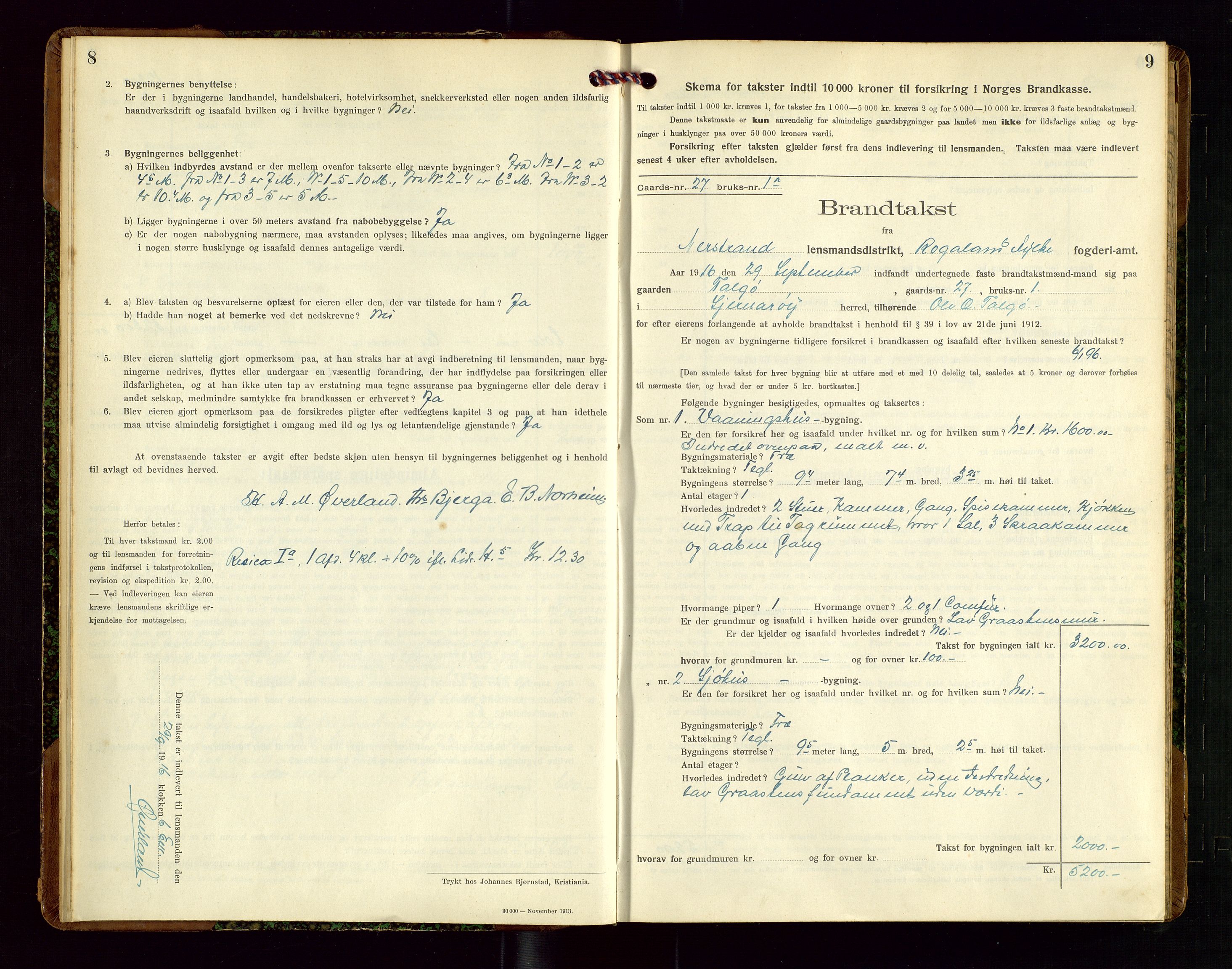 Nedstrand lensmannskontor, SAST/A-100236/Gob/L0002: "Brandtakstprotokol for Nerstrand lensmandsdistrikt Rogaland Fylke", 1916-1949, p. 8-9