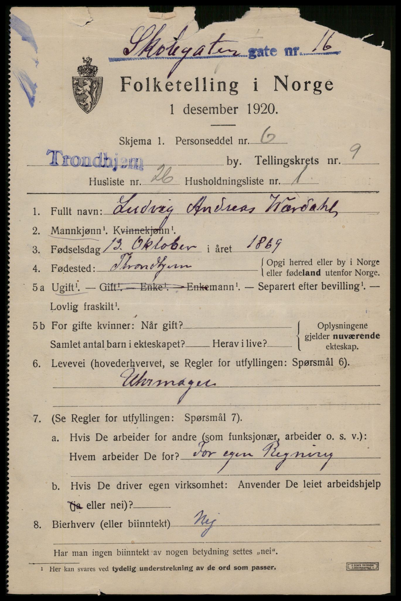 SAT, 1920 census for Trondheim, 1920, p. 44840