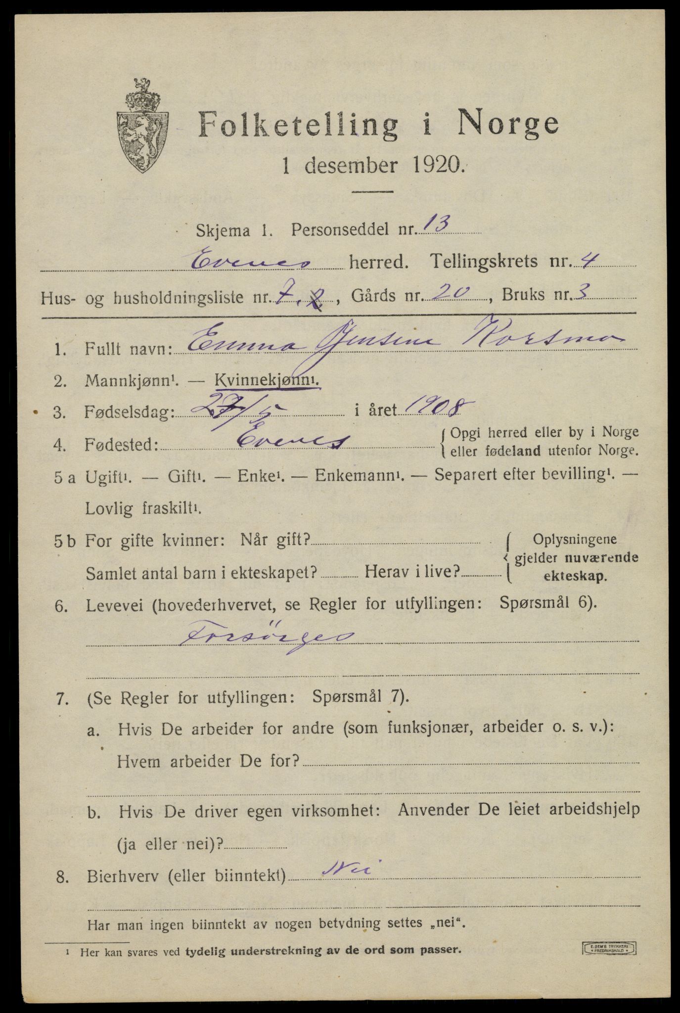 SAT, 1920 census for Evenes, 1920, p. 3694