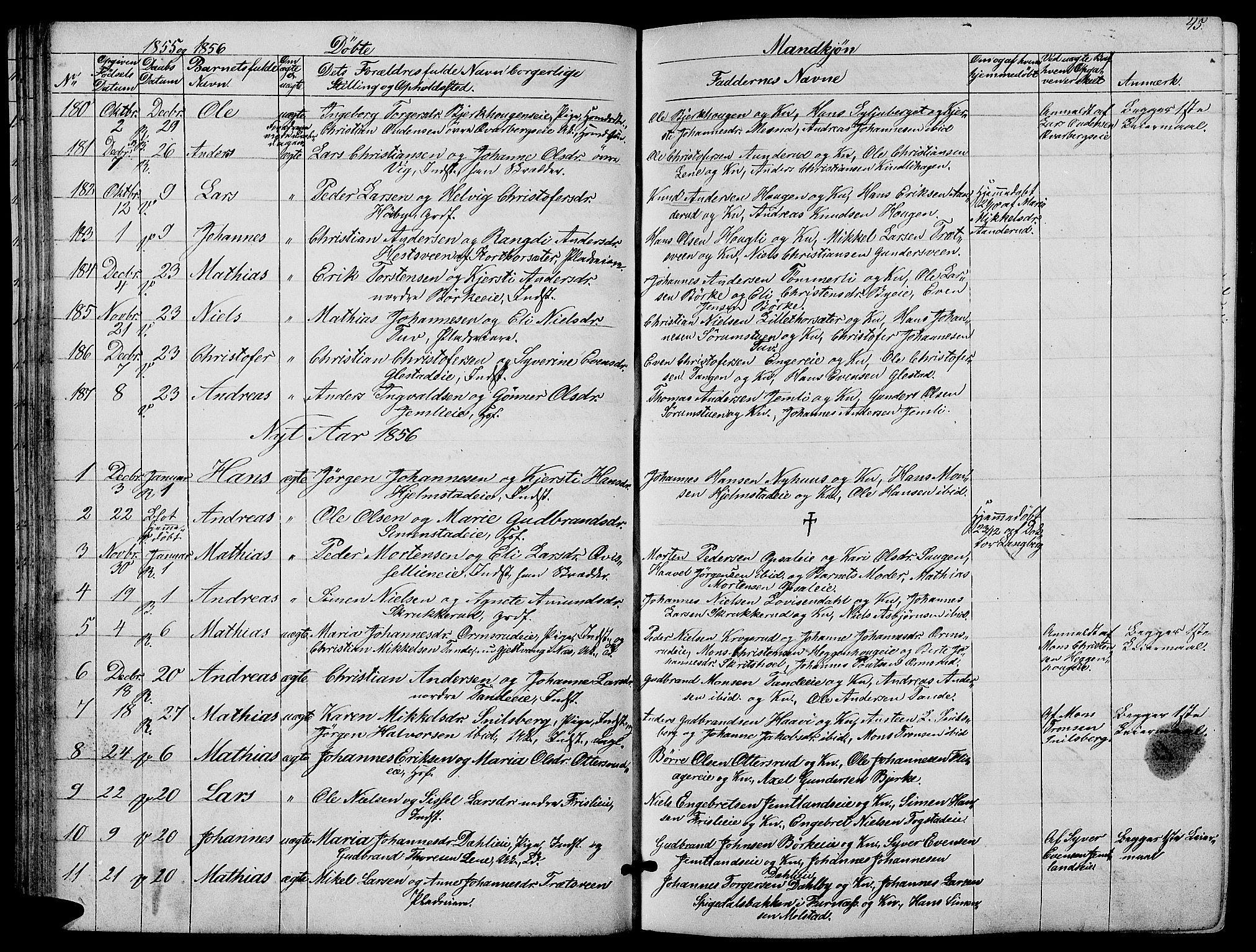 Ringsaker prestekontor, SAH/PREST-014/L/La/L0006: Parish register (copy) no. 6, 1851-1860, p. 45