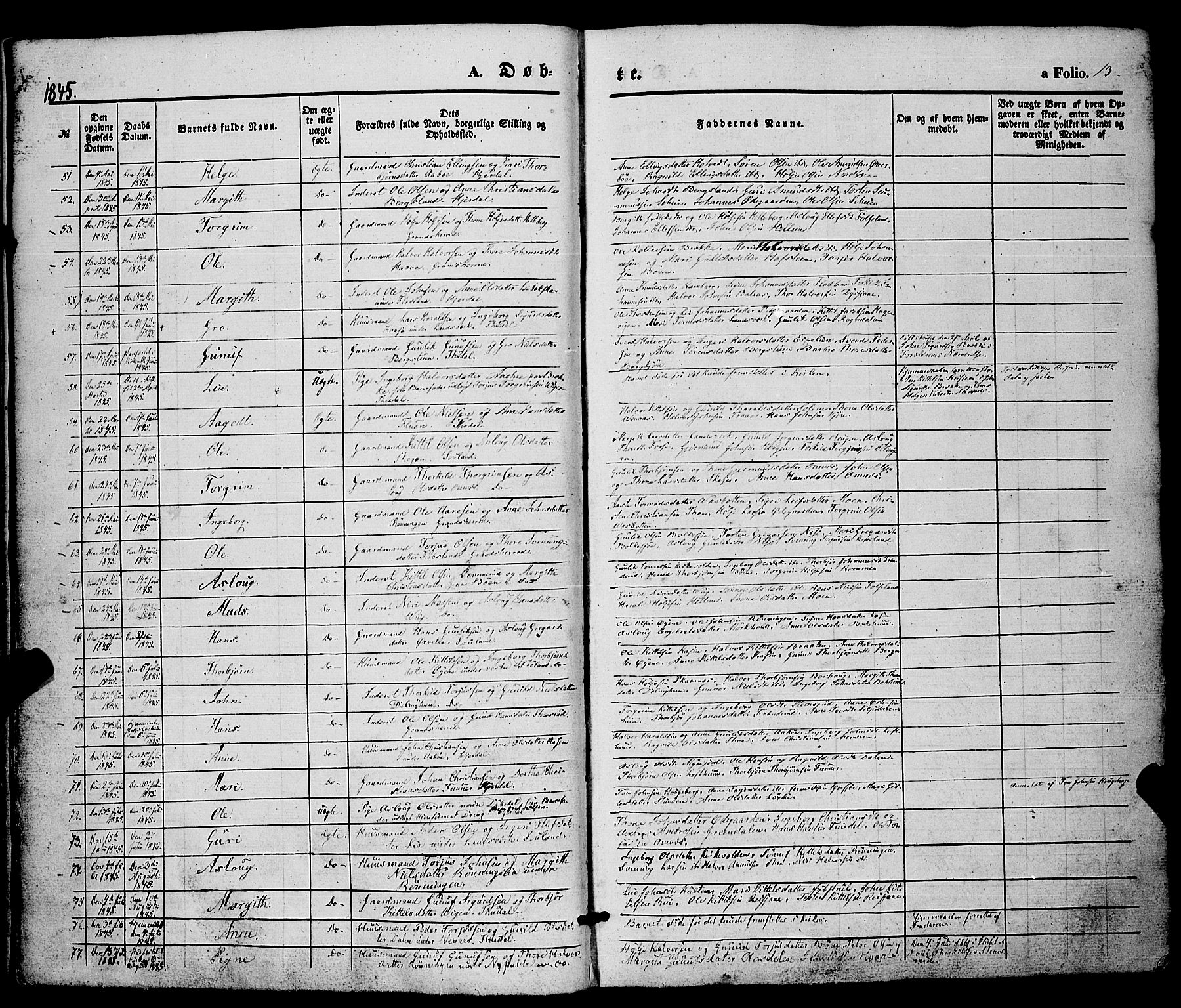 Hjartdal kirkebøker, AV/SAKO-A-270/F/Fa/L0008: Parish register (official) no. I 8, 1844-1859, p. 13