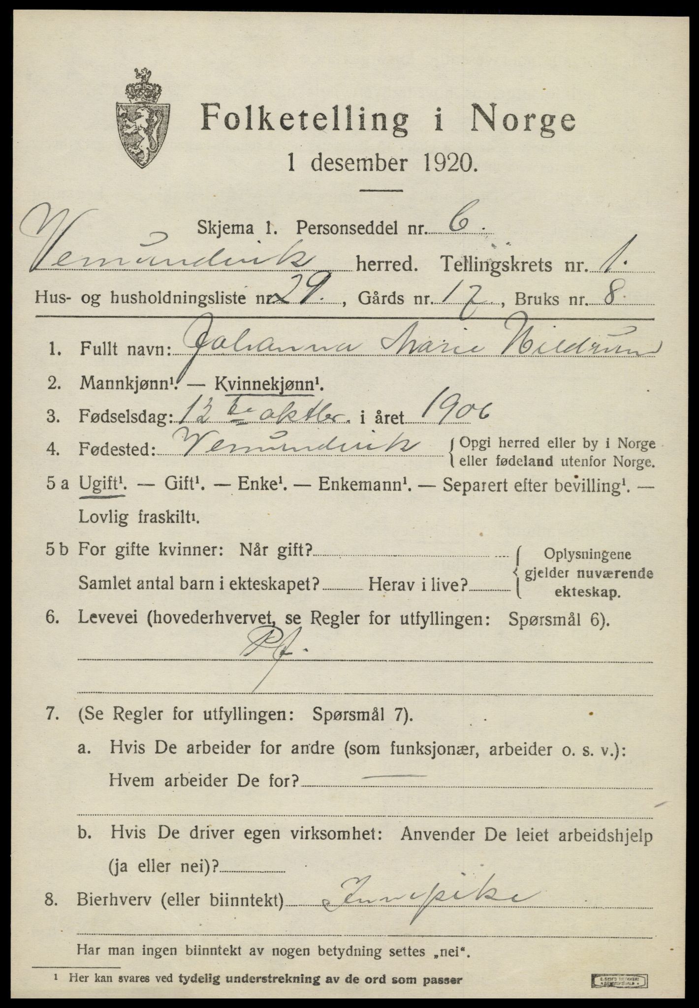 SAT, 1920 census for Vemundvik, 1920, p. 1153