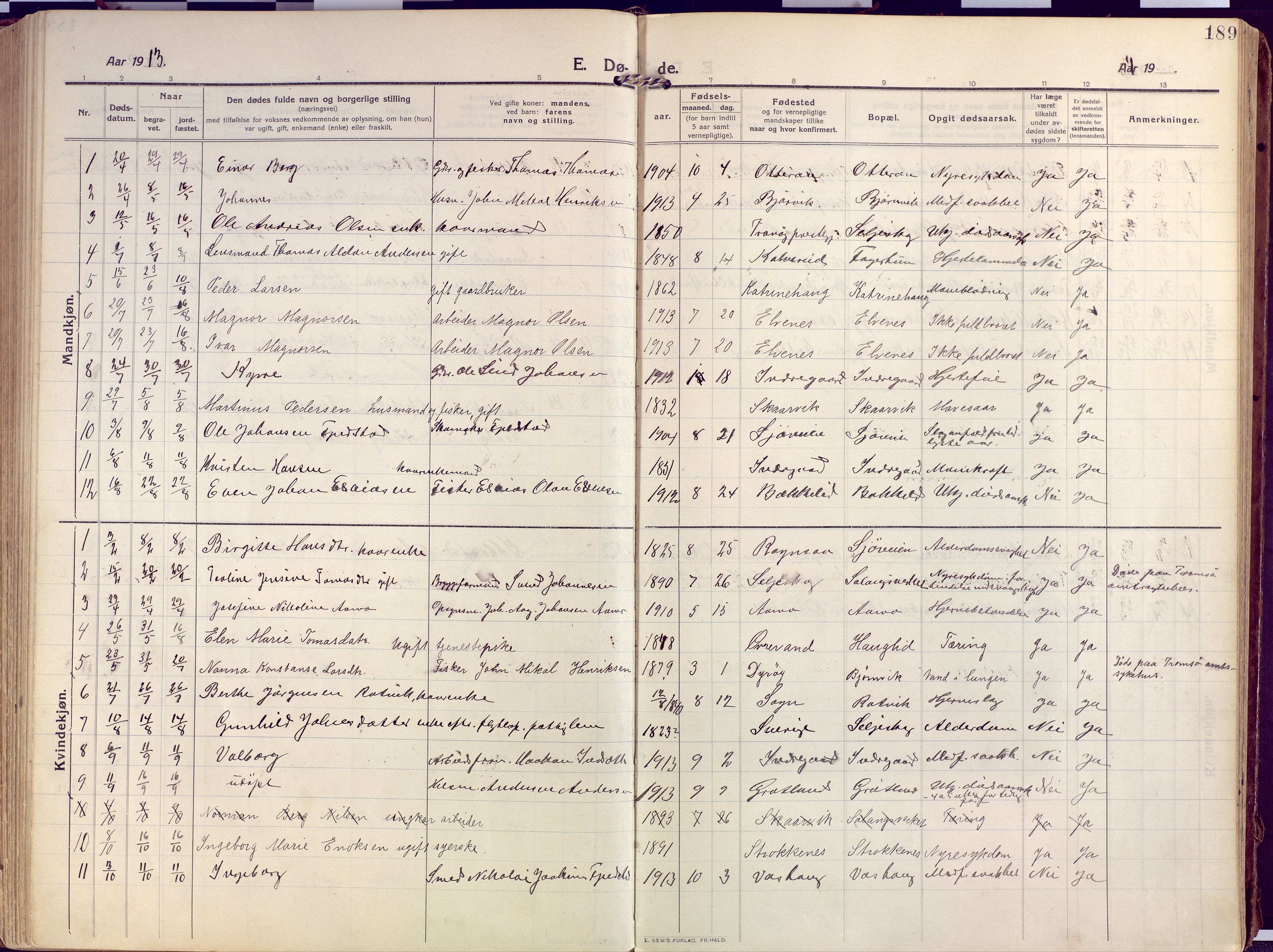 Salangen sokneprestembete, SATØ/S-1324/H/Ha/L0004kirke: Parish register (official) no. 4, 1912-1927, p. 189