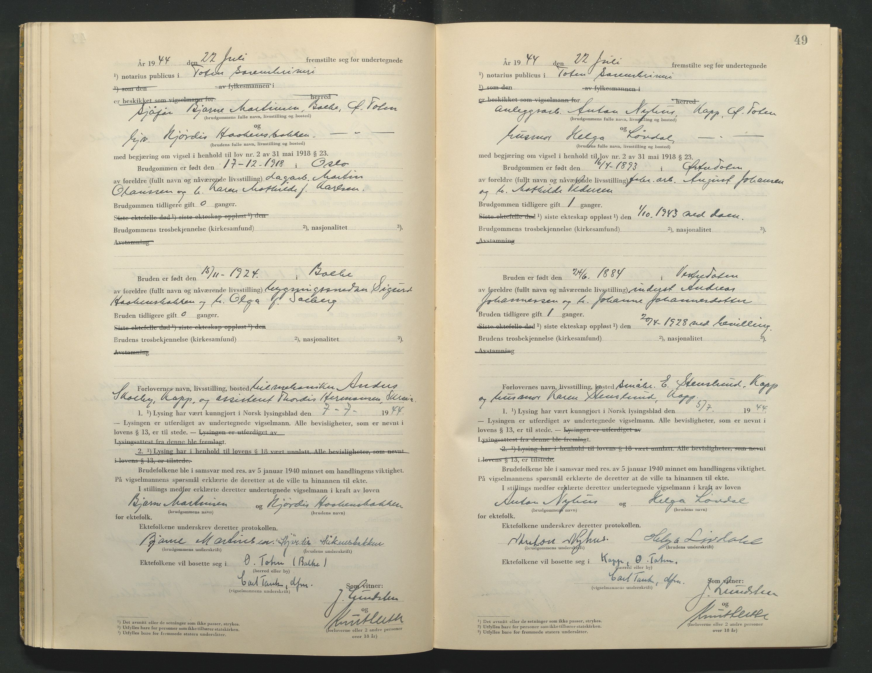 Toten tingrett, AV/SAH-TING-006/L/Lc/L0004: Vigselbok, 1944, p. 49