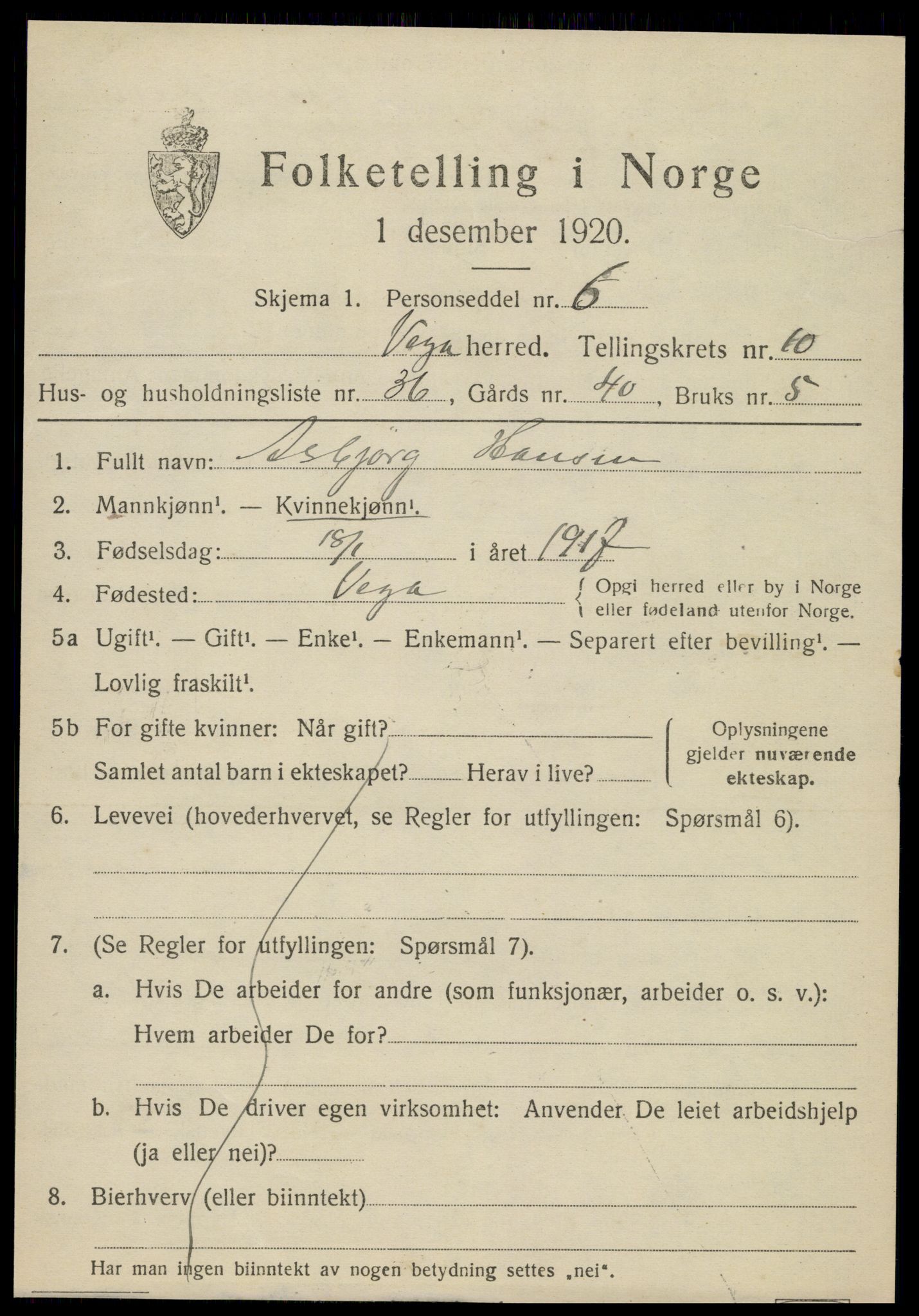 SAT, 1920 census for Vega, 1920, p. 5497