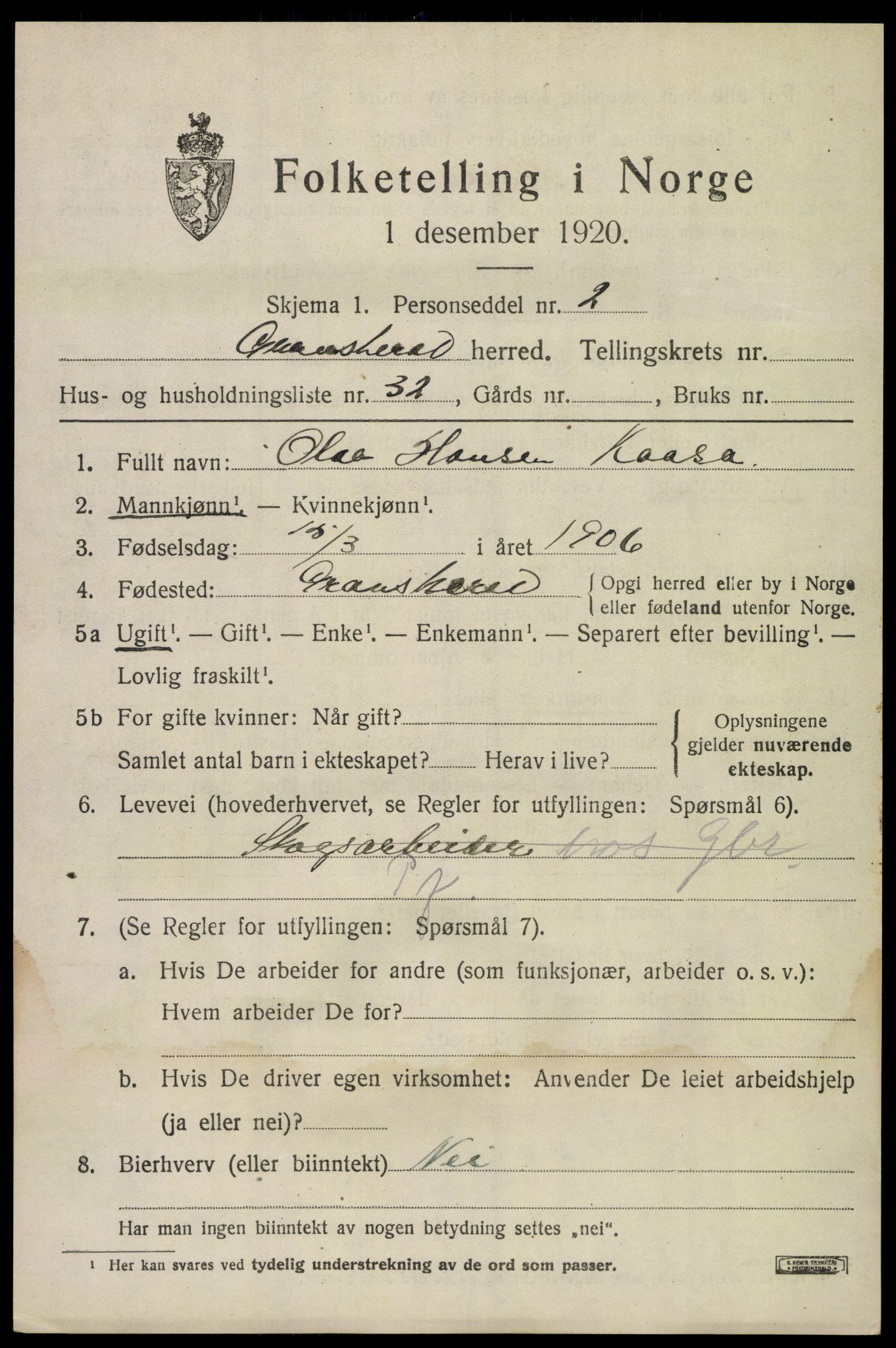 SAKO, 1920 census for Gransherad, 1920, p. 2704