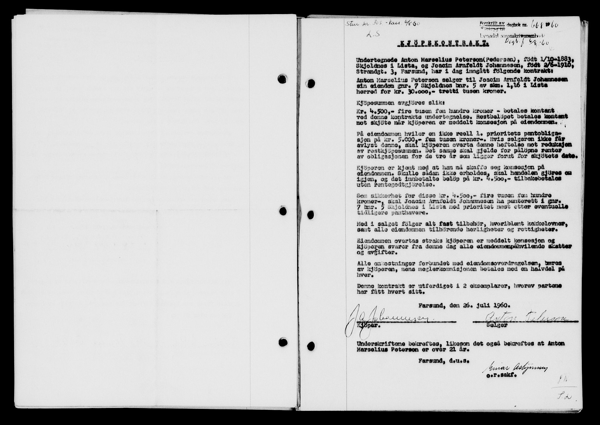 Lyngdal sorenskriveri, AV/SAK-1221-0004/G/Gb/L0680: Mortgage book no. A XXVI, 1960-1960, Diary no: : 668/1960