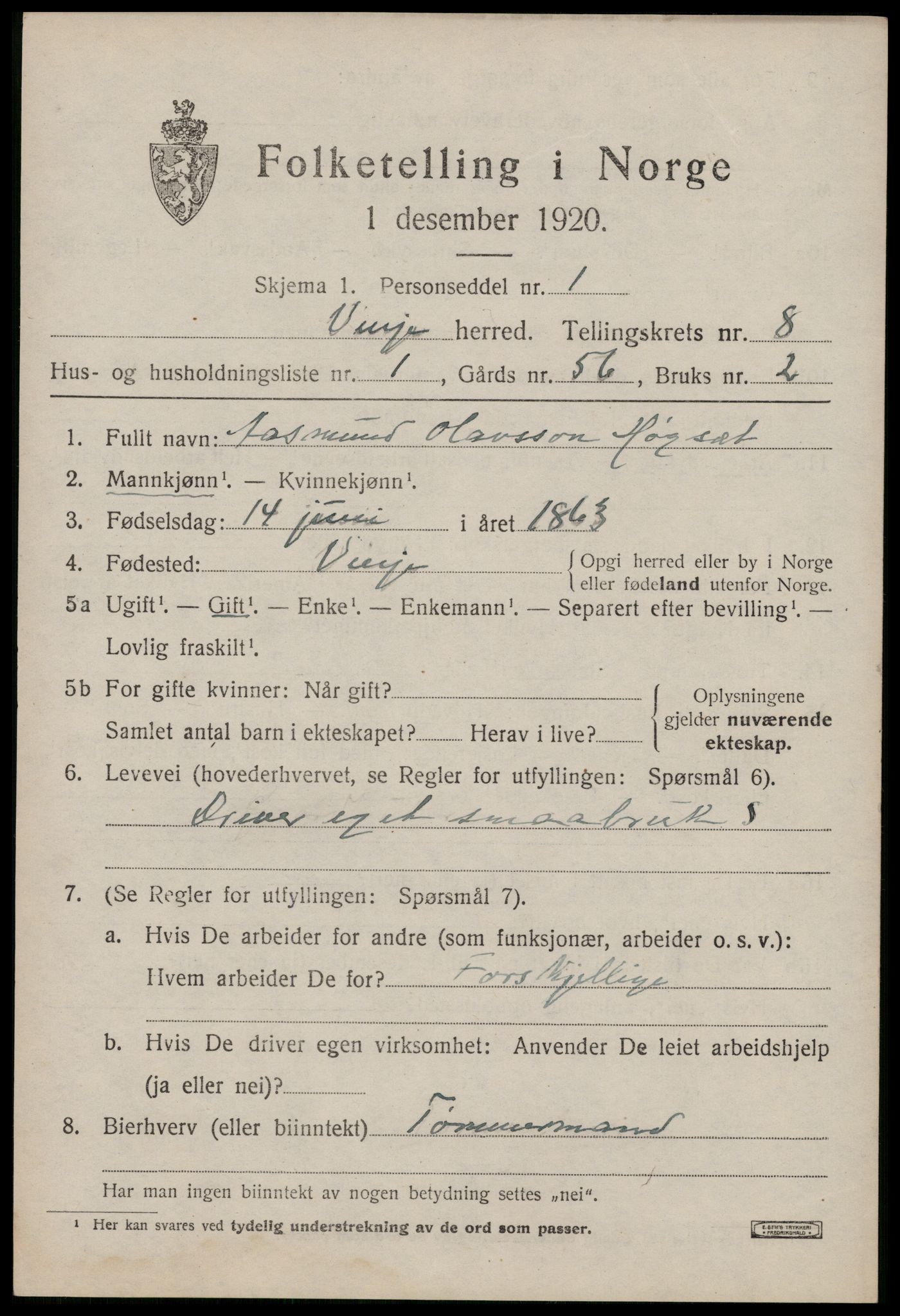 SAKO, 1920 census for Vinje, 1920, p. 2197