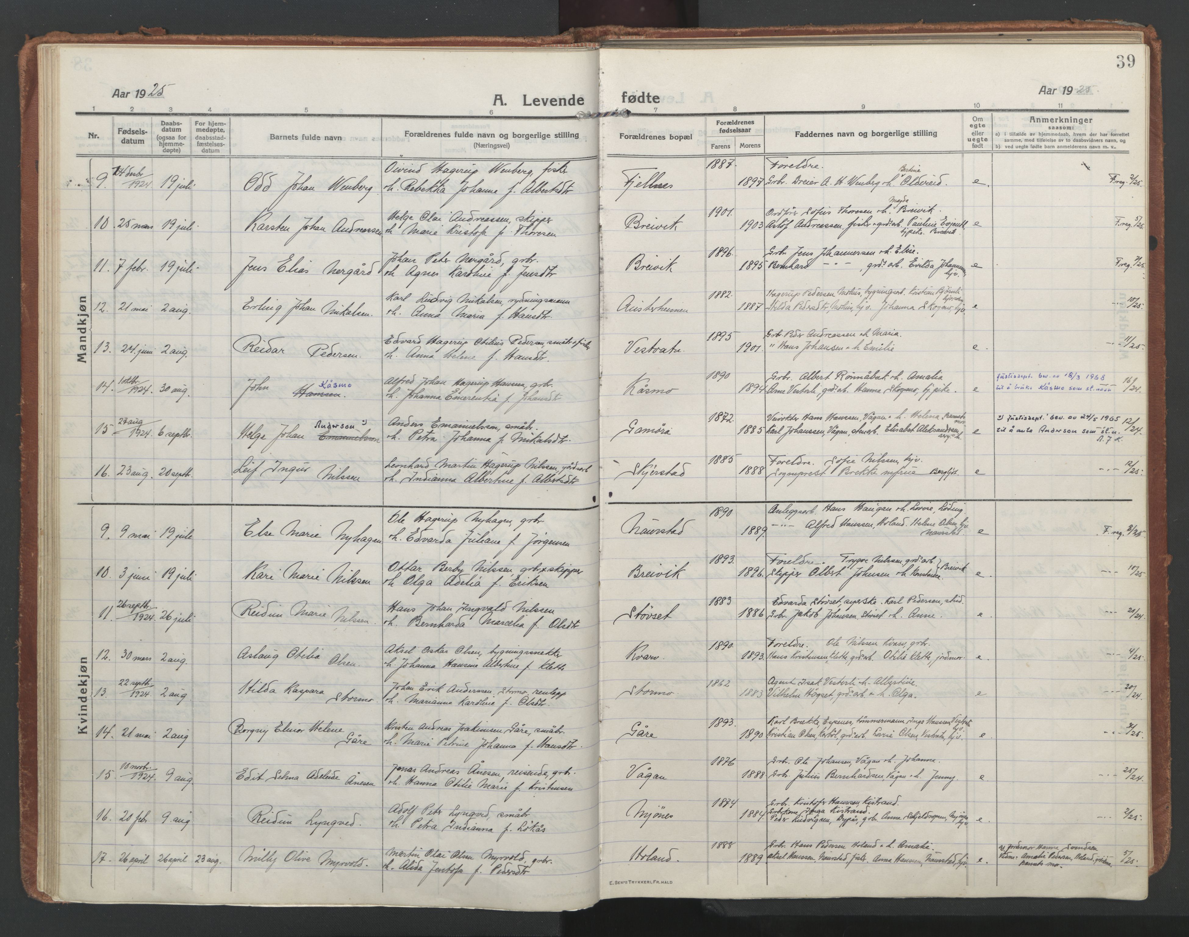 Ministerialprotokoller, klokkerbøker og fødselsregistre - Nordland, AV/SAT-A-1459/852/L0748: Parish register (official) no. 852A18, 1913-1932, p. 39