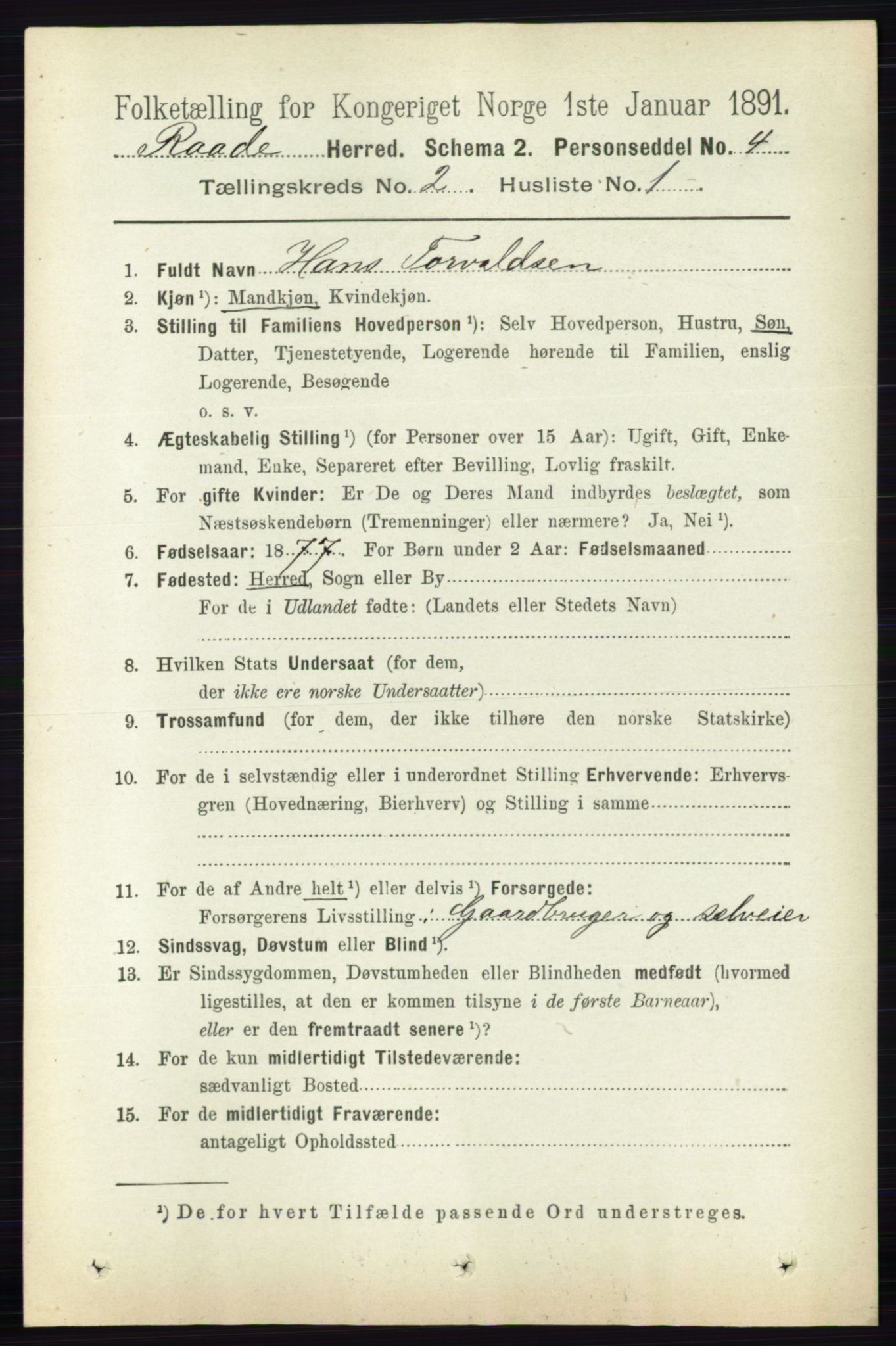 RA, 1891 census for 0135 Råde, 1891, p. 616