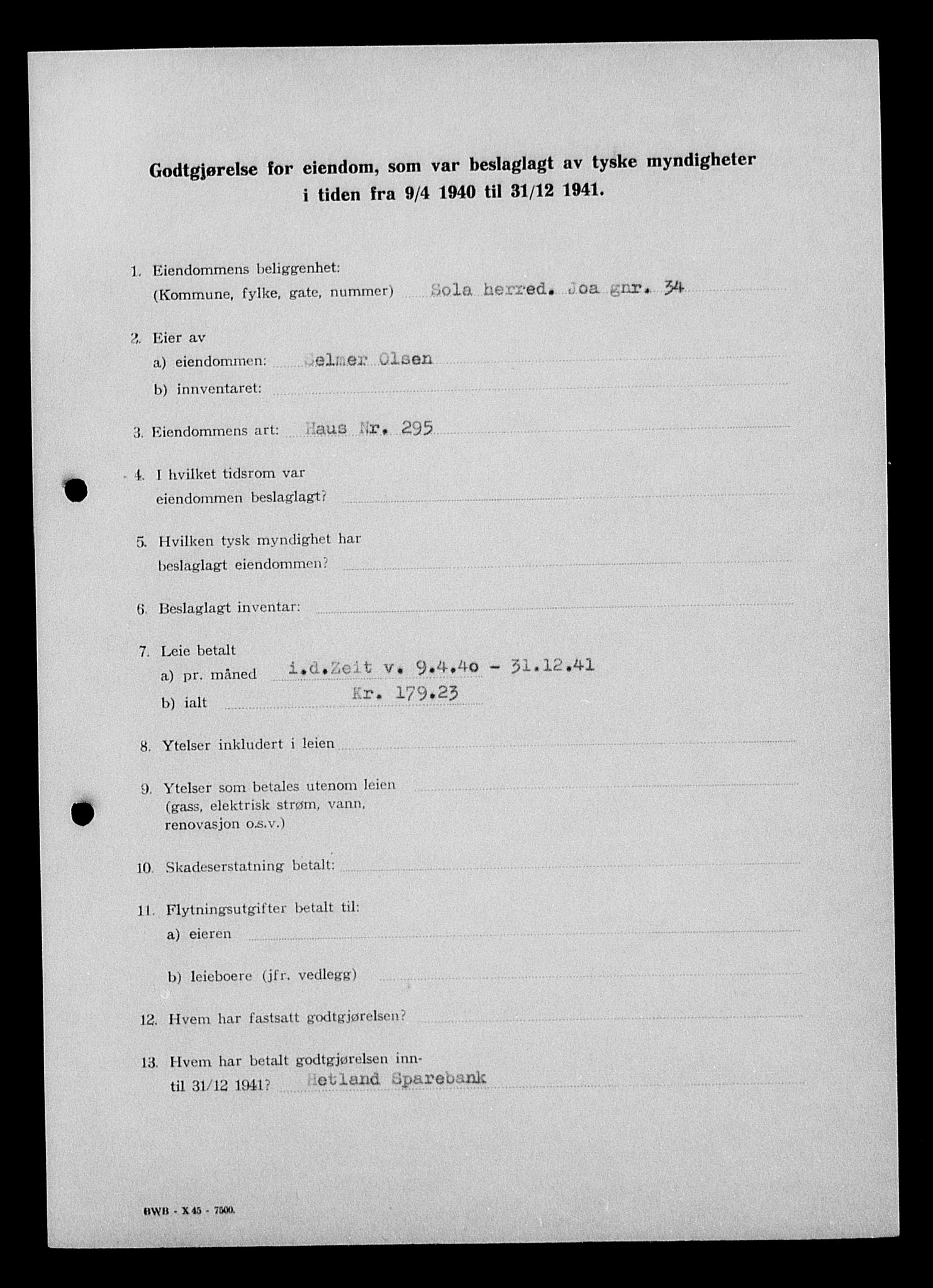 Justisdepartementet, Tilbakeføringskontoret for inndratte formuer, AV/RA-S-1564/I/L1015: Godtgjørelse for beslaglagt eiendom, 1940-1941, p. 54