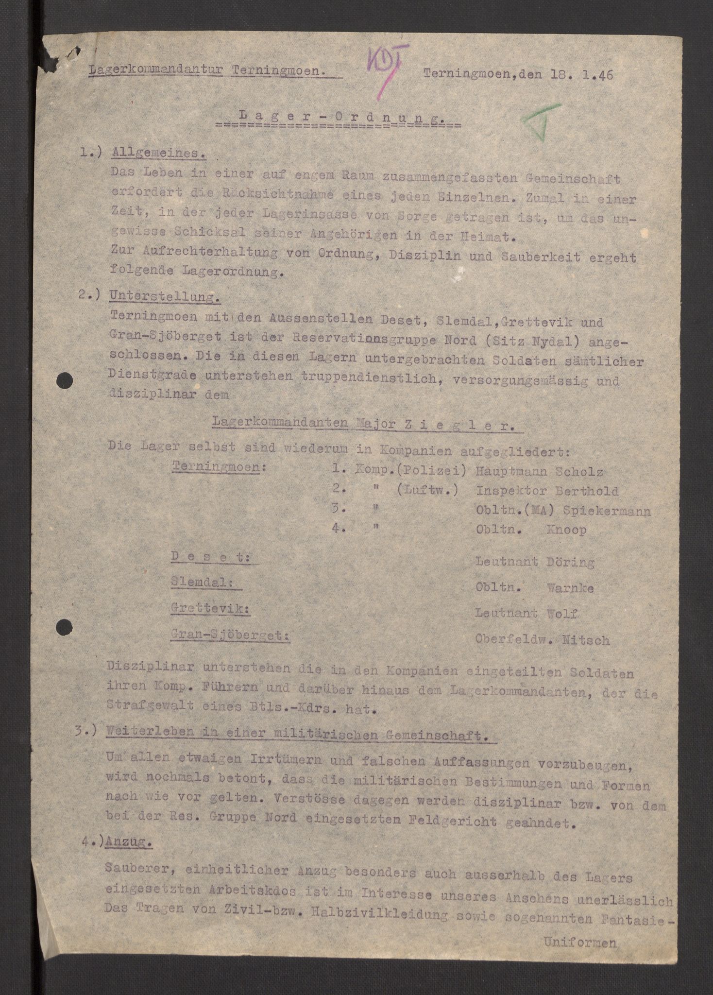 Deutscher Oberbefehlshaber Norwegen (DOBN), RA/RAFA-2197/D/Dja/L0070/0001: DBO Abt. 1a / Lagerordnungen, 1946