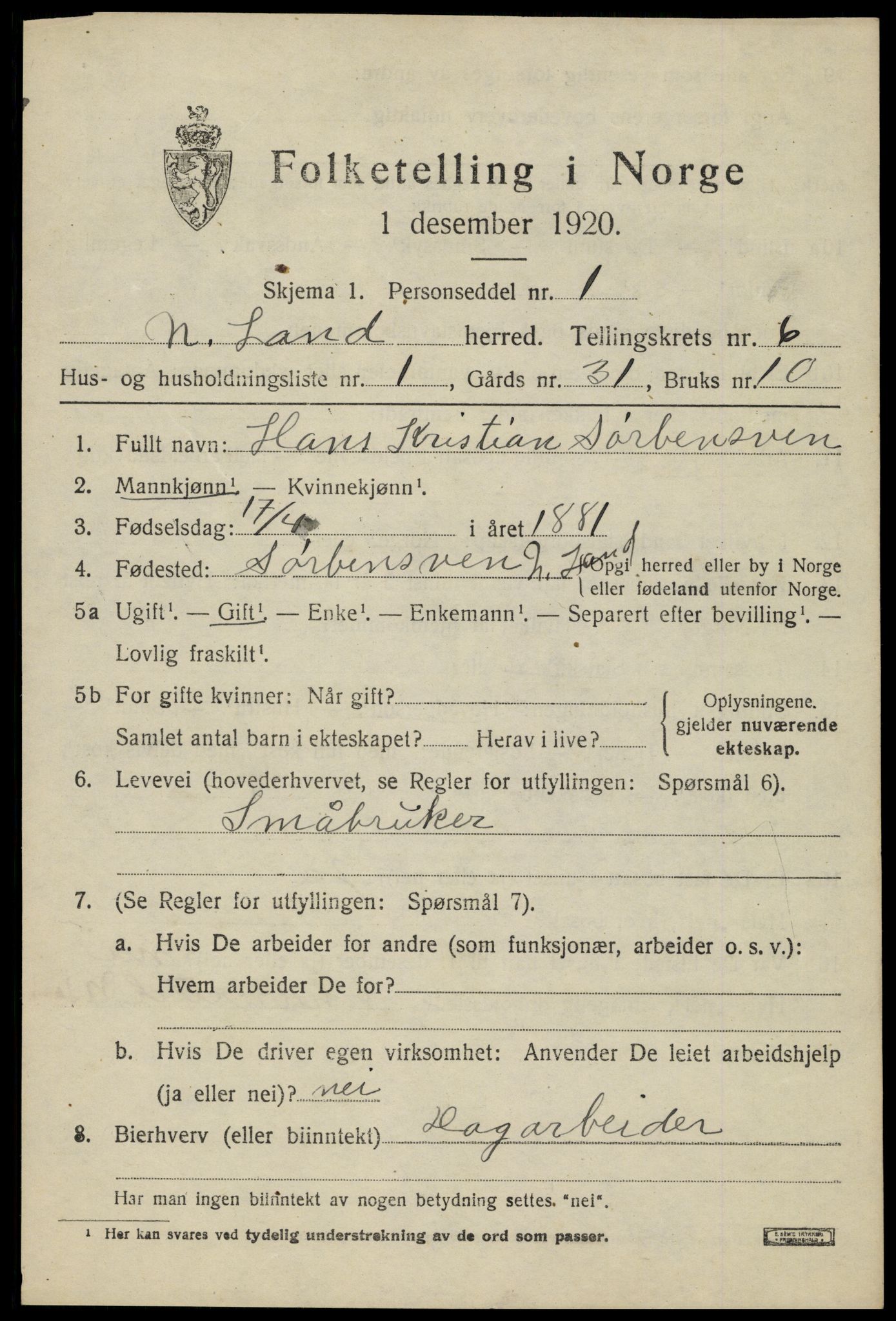 SAH, 1920 census for Nordre Land, 1920, p. 3854