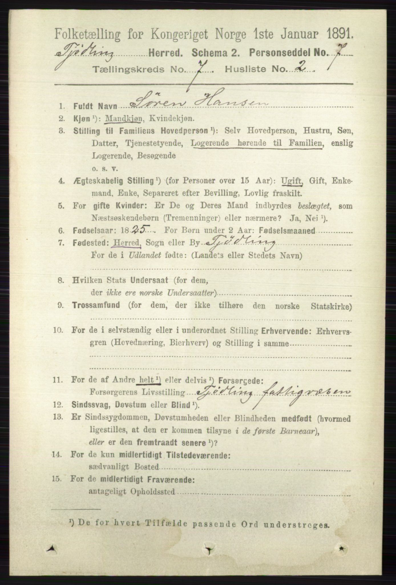 RA, 1891 census for 0725 Tjølling, 1891, p. 3680