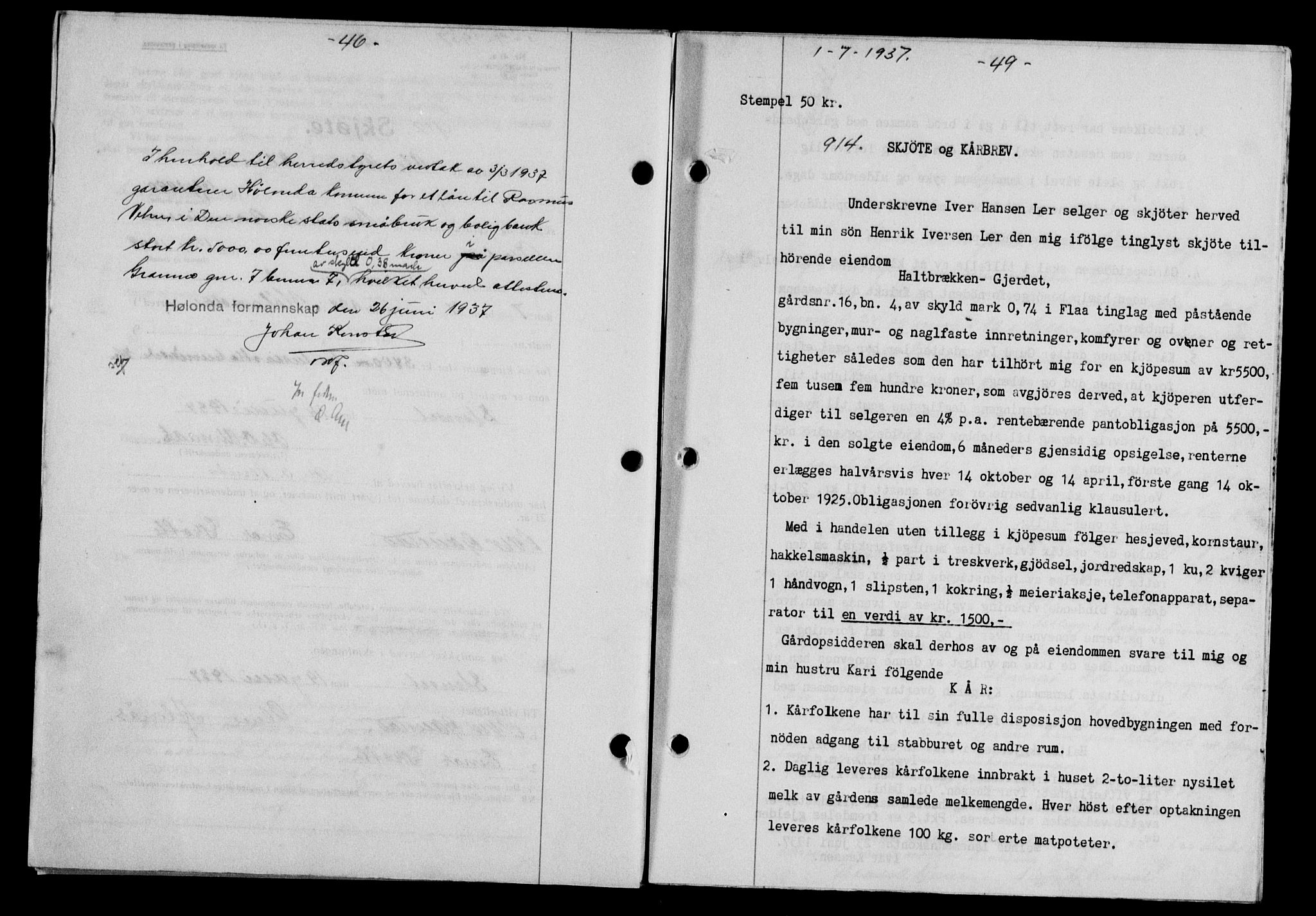 Gauldal sorenskriveri, SAT/A-0014/1/2/2C/L0047: Mortgage book no. 50-51, 1937-1937, Diary no: : 914/1937