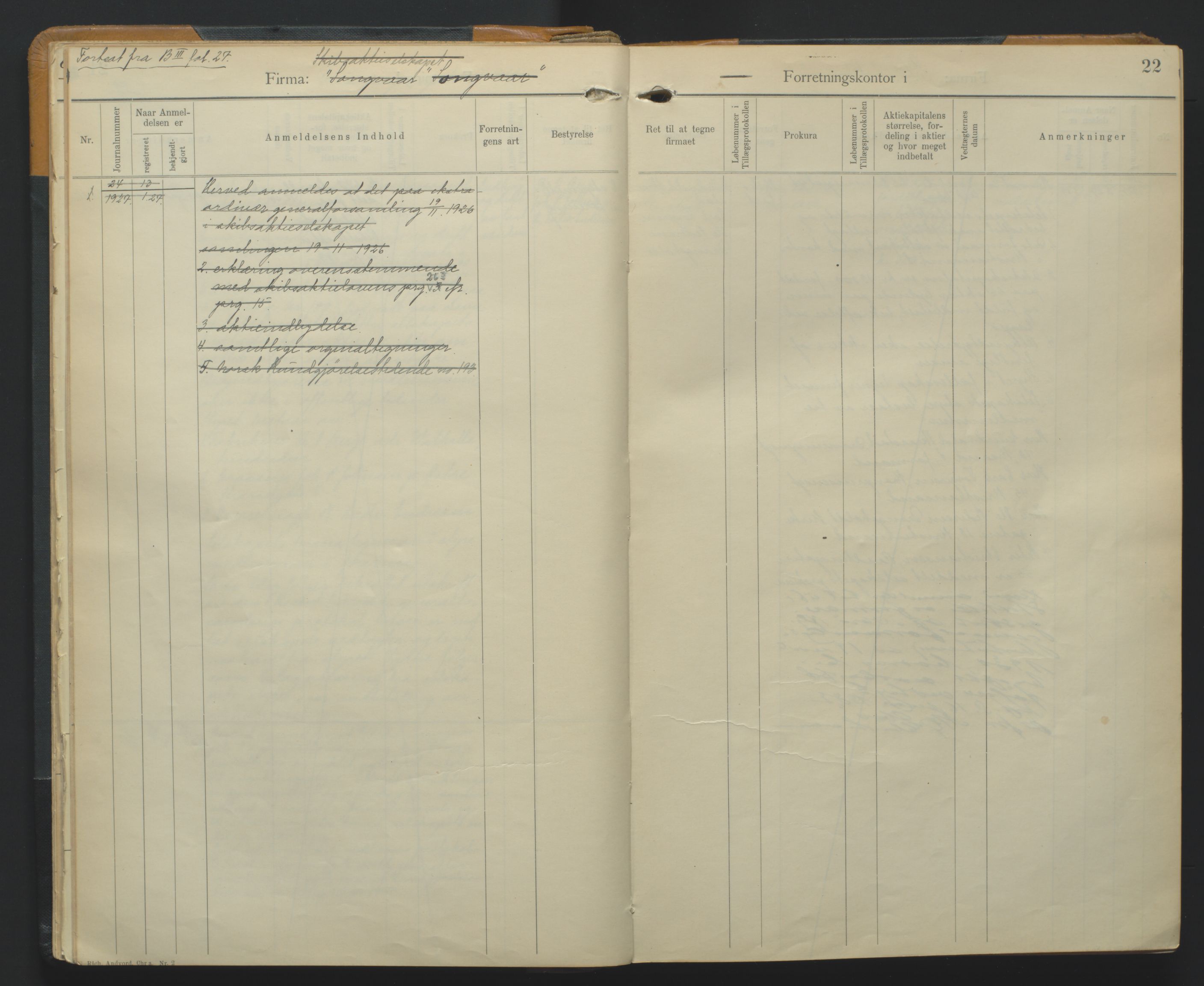 Kristiansand byrett, AV/SAK-1223-0001/K/Kb/L0012: Handelsregister B V, 1926-1939, p. 22