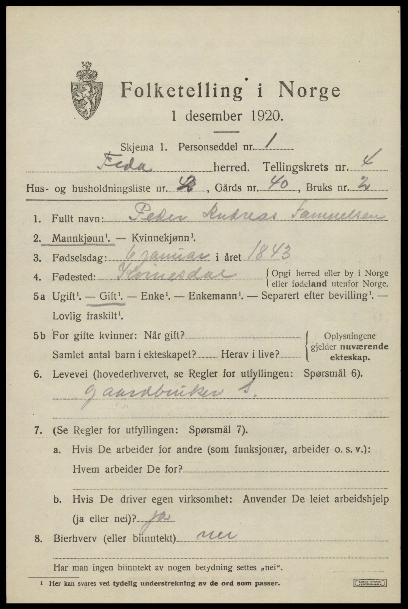 SAK, 1920 census for Feda, 1920, p. 1837